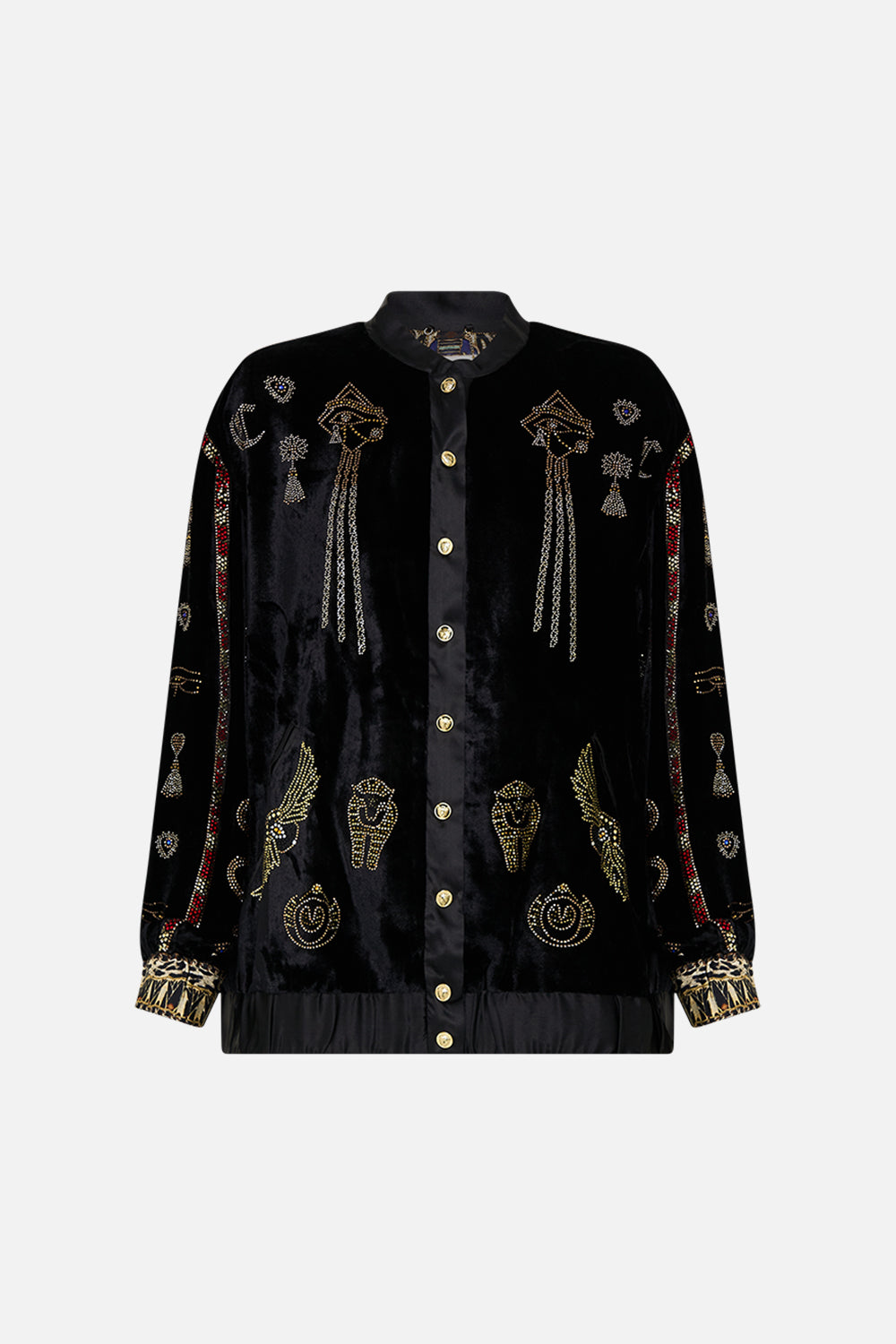 CAMILLA Velvet Lonline Varsity Jacket in Cat Worship print.