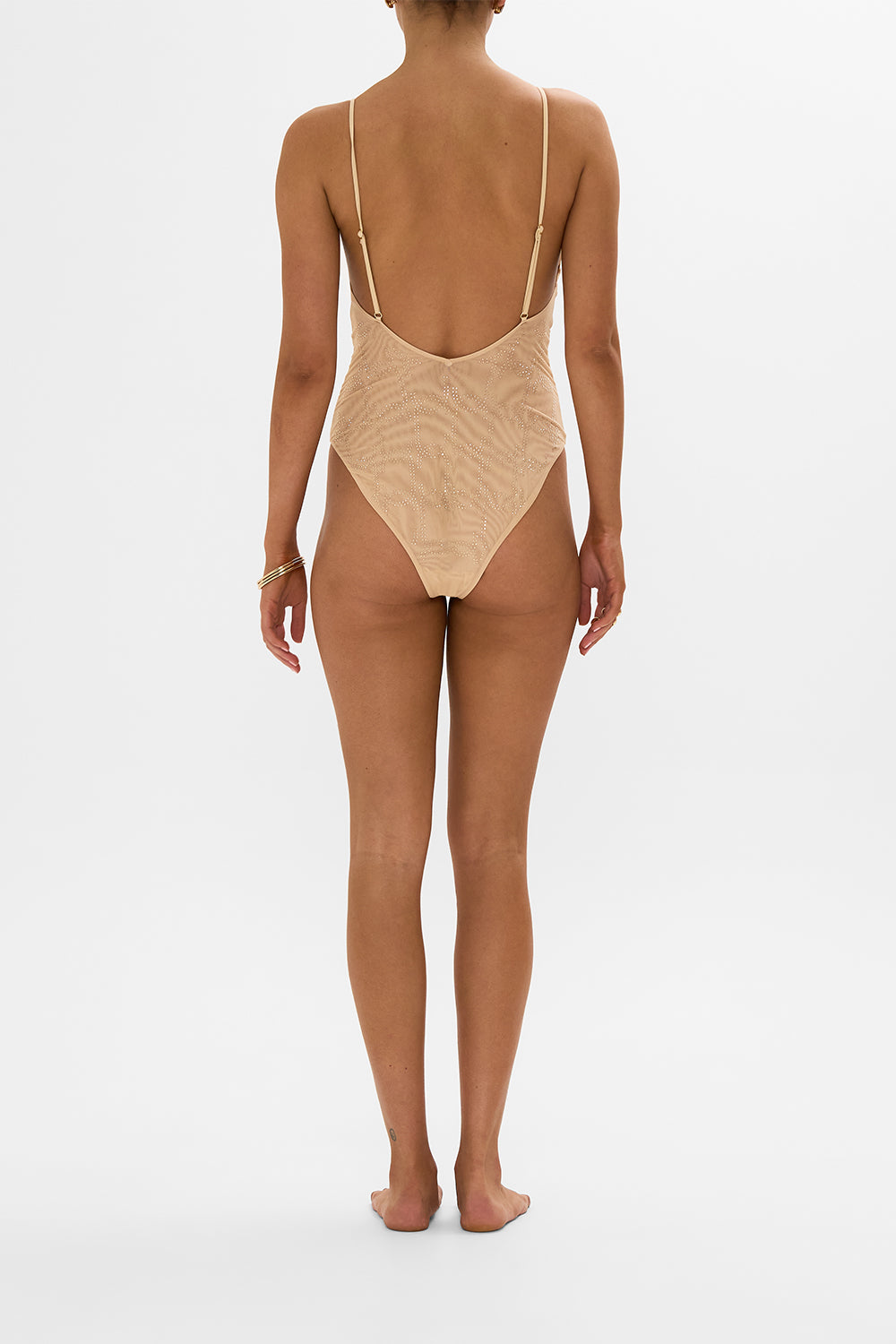 CAMILLA nude mesh tri bodysuit in Solid Nude