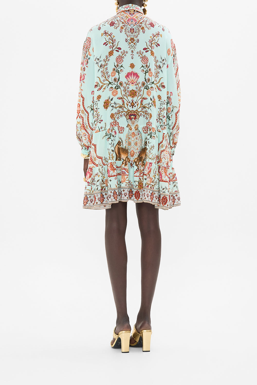 CAMILLA Long Sleeve Tiered Short Dress in Weaving Worlds print