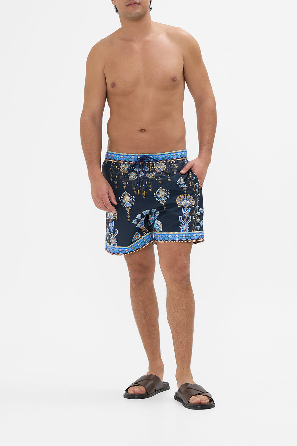 Hotel Franks By CAMILLA Black mid length boardshort in Under Scarab Skies print.
