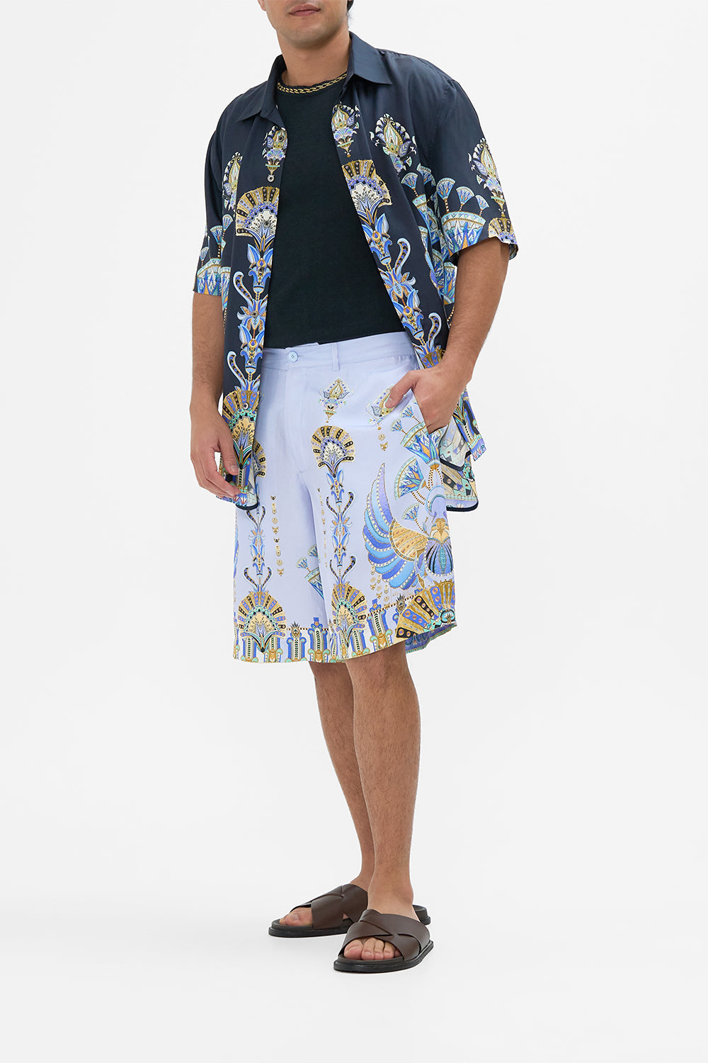 Hotel Franks By CAMILLA Black Fixed Waist Mid-Length Walk Short in Under Scarab Skies print