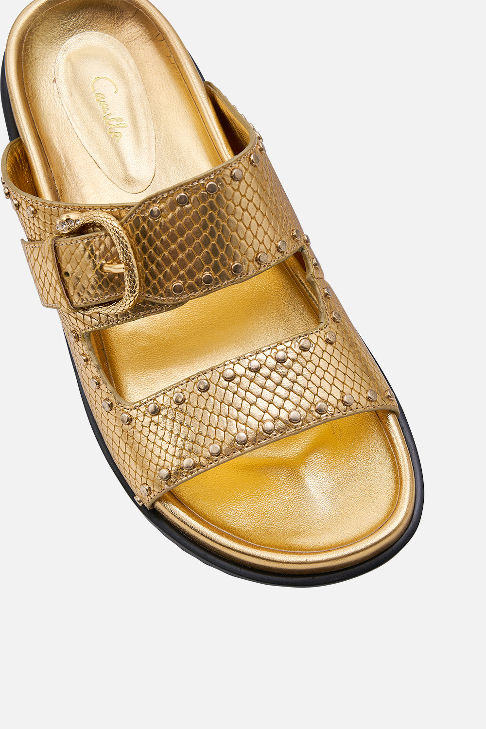 CAMILLA Alisa snake buckle sandal in Gold print