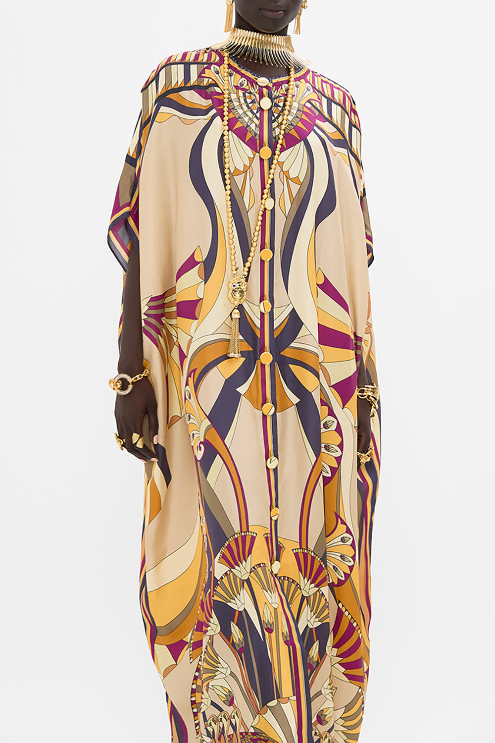 CAMILLA Button Through Batwing Kaftan Dress in Desert Delerium print.