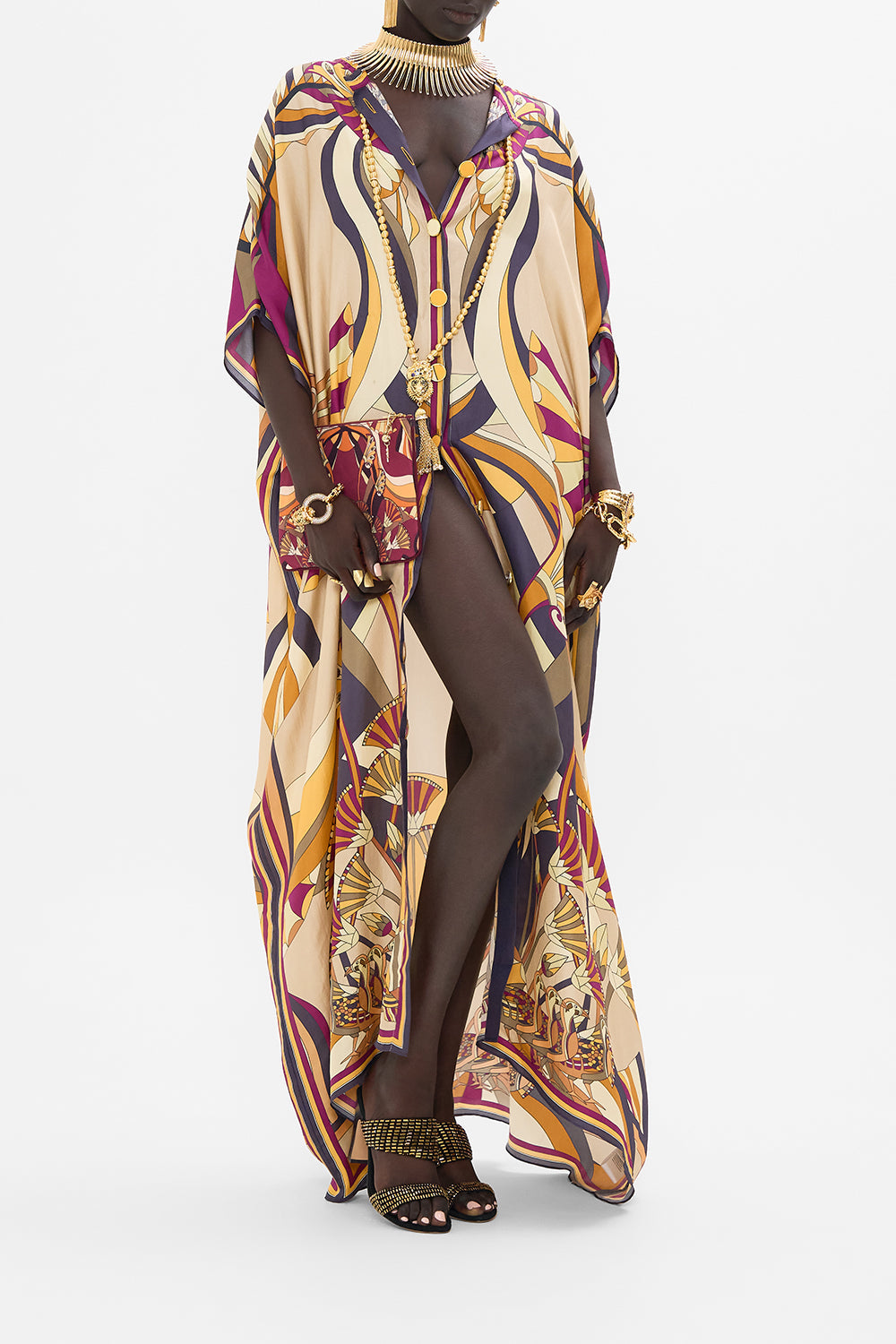 CAMILLA Button Through Batwing Kaftan Dress in Desert Delerium print.