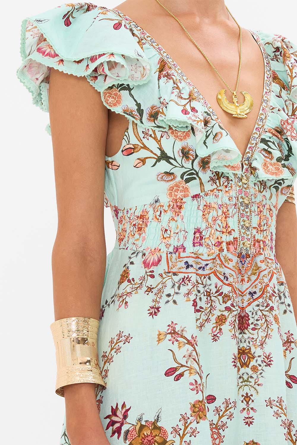 CAMILLA Tiered Dress with Neck Frill in Weaving Worlds print