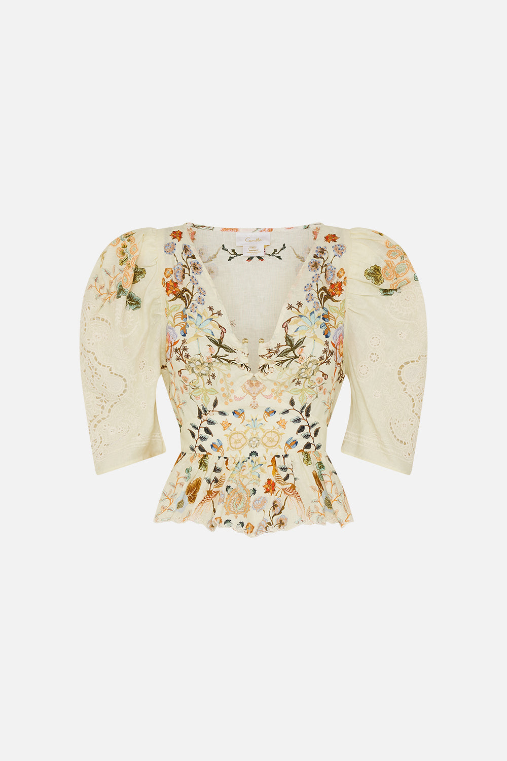 CAMILLA Puff Sleeve Top with Hardware in Honour of Heirlooms print