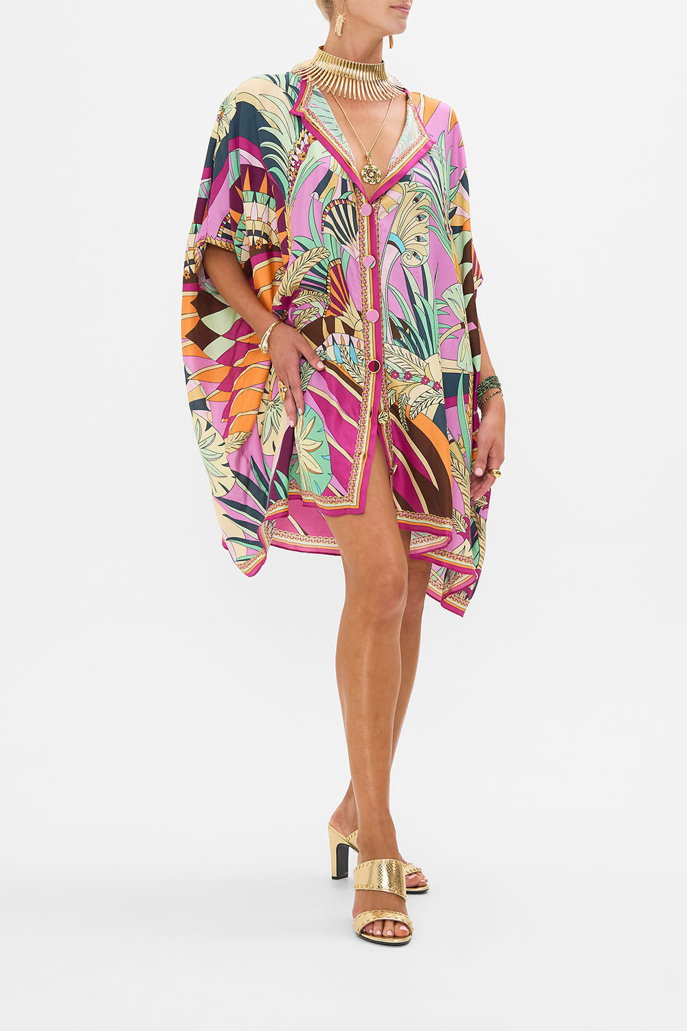 CAMILLA Button Through Batwing Short Kaftan in Giza Goddess Print.