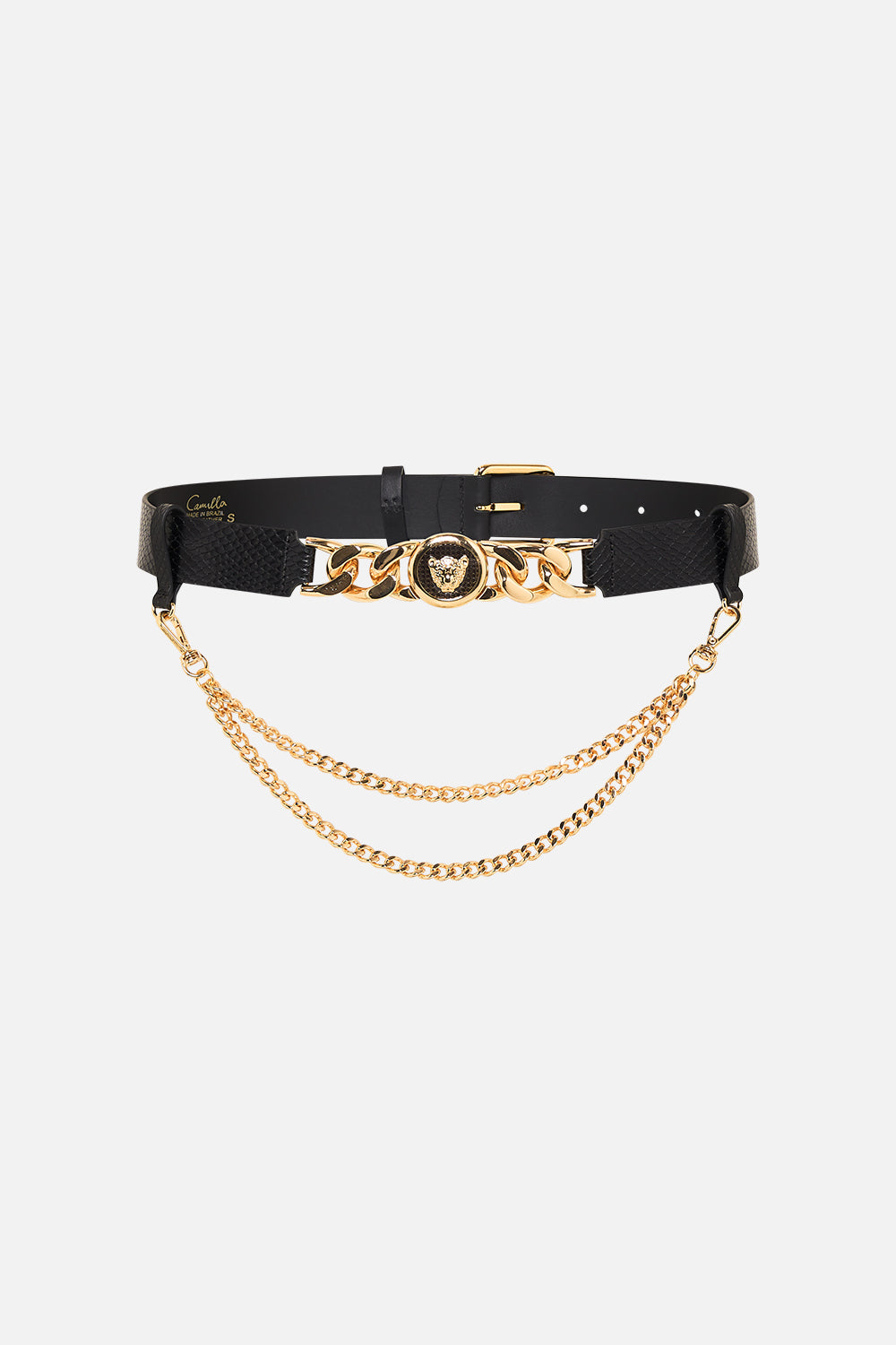 CAMILLA Leopard button belt with chain in Solid Black print