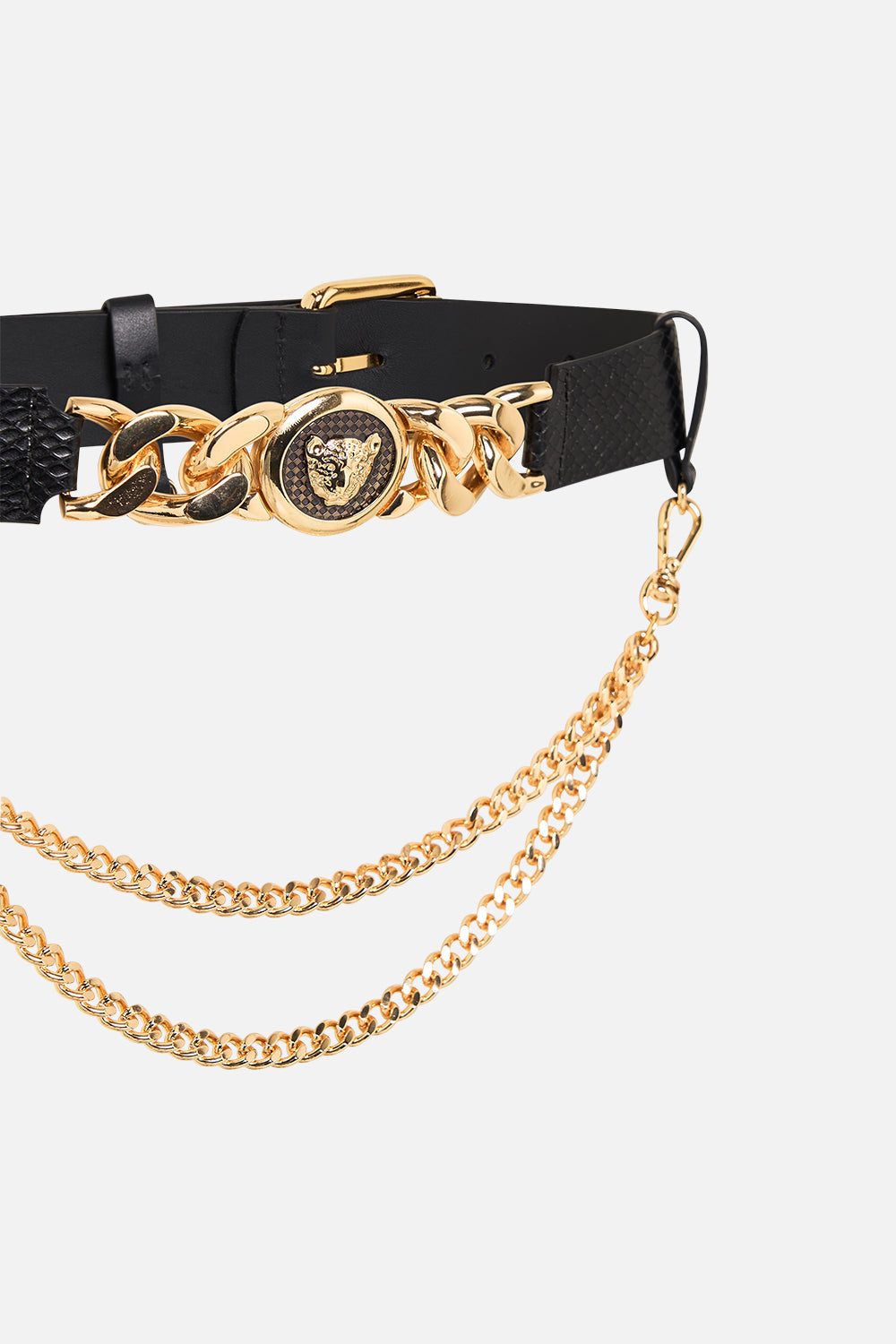 CAMILLA Leopard button belt with chain in Solid Black print