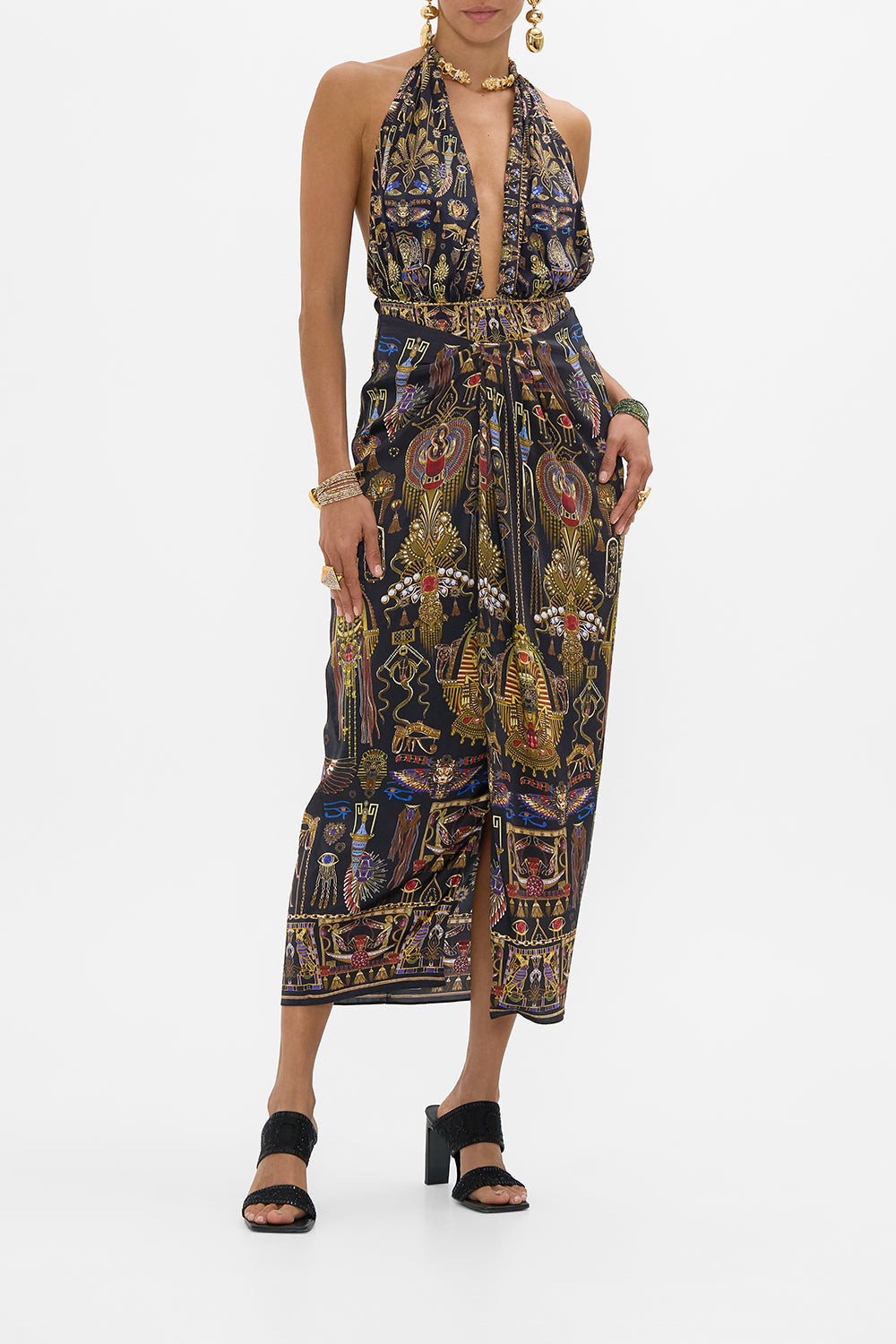 CAMILLA Plunge Bodysuit With Neck Trim in Cartouche Kingdom print.