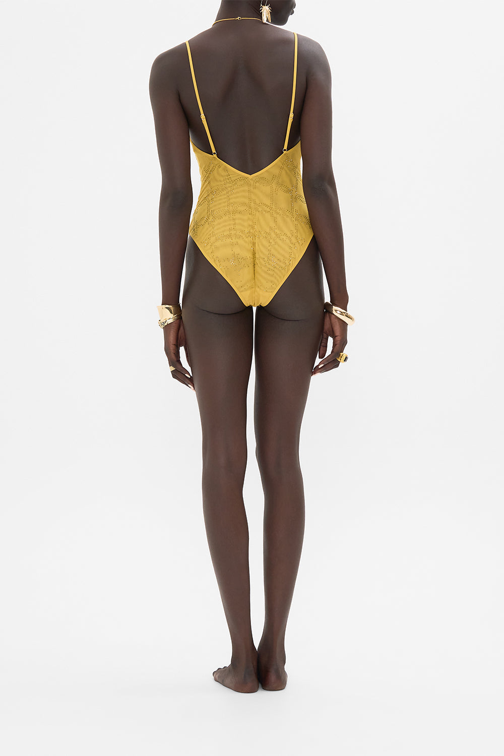 CAMILLA Mesh Tri Bodysuit in Gold print