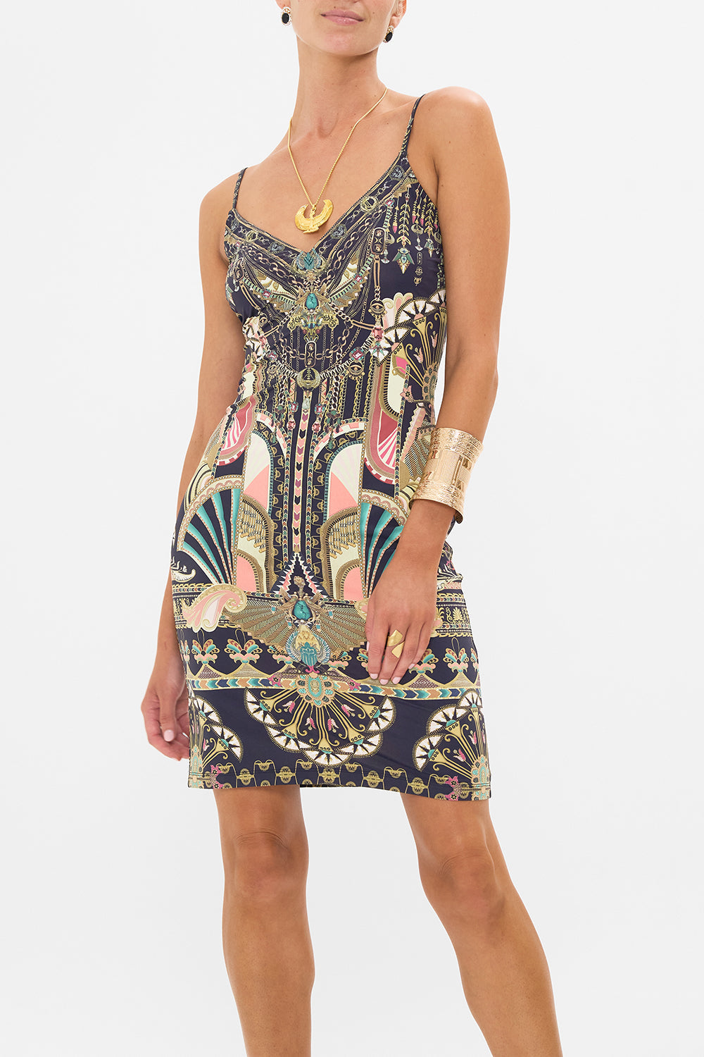CAMILLA Black/Gold V-Neck Slip in They Called Her Nefertari print