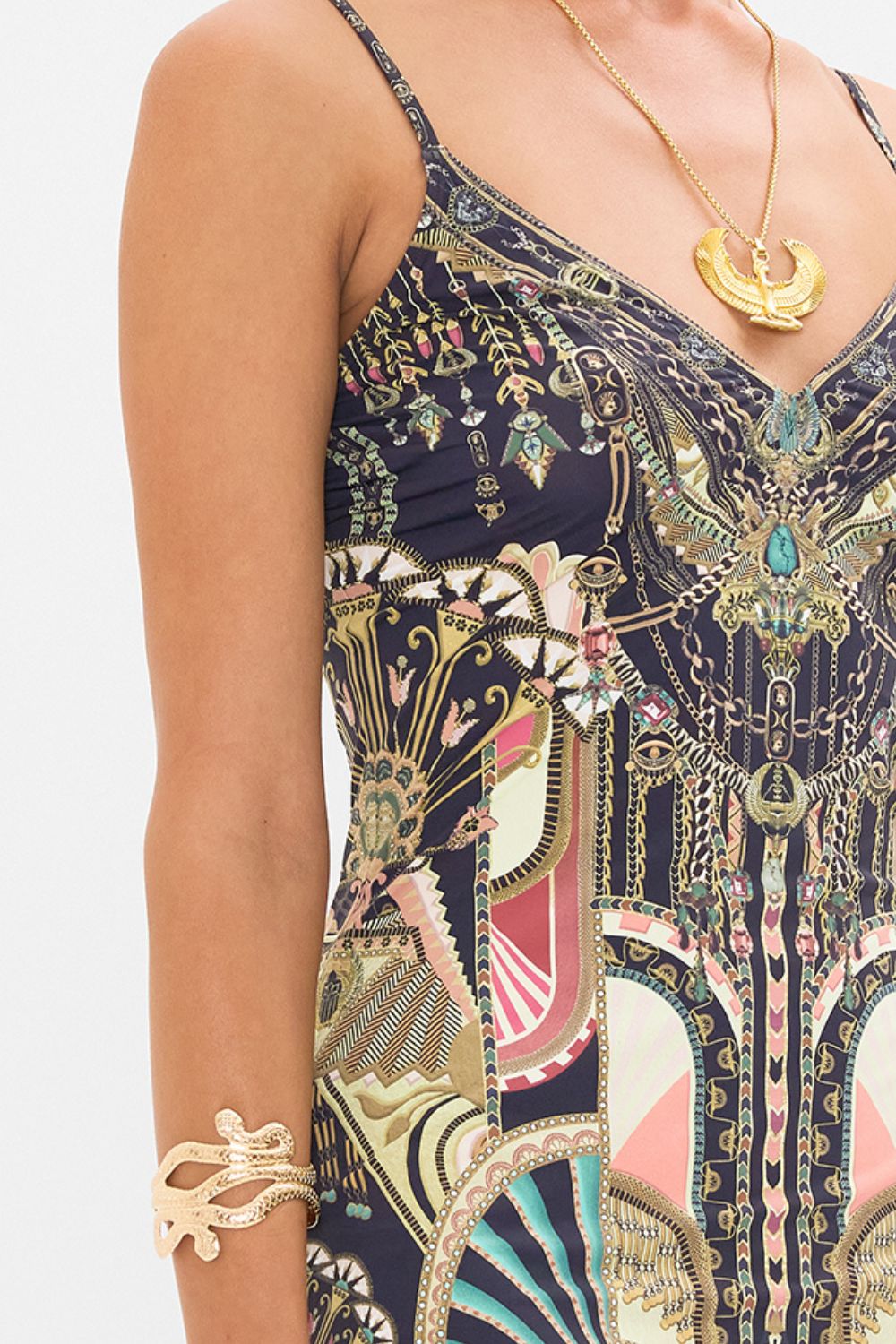 CAMILLA Black/Gold V-Neck Slip in They Called Her Nefertari print