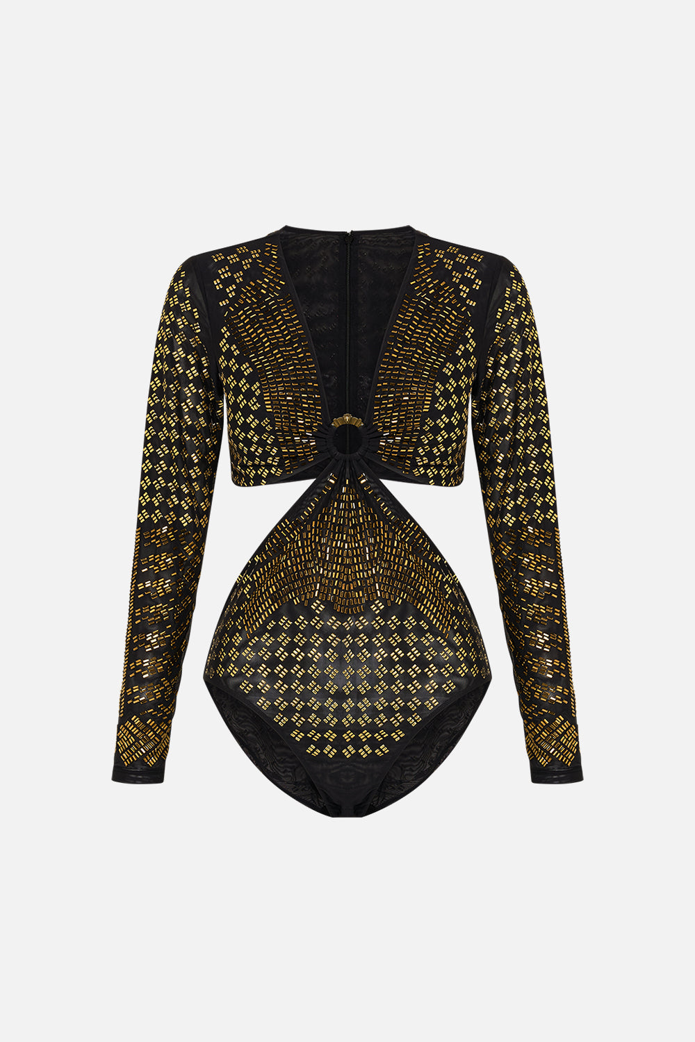 CAMILLA Black/Gold Mesh Cut-Out Bodysuit with Trim in They Called Her Nefertari print