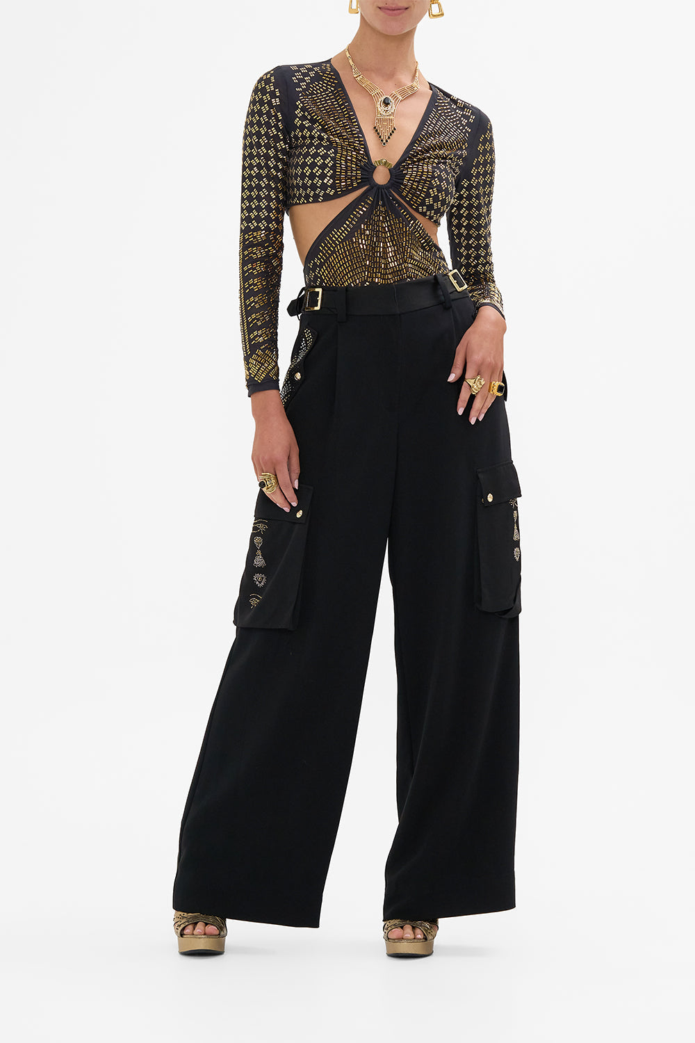 CAMILLA Black/Gold Mesh Cut-Out Bodysuit with Trim in They Called Her Nefertari print