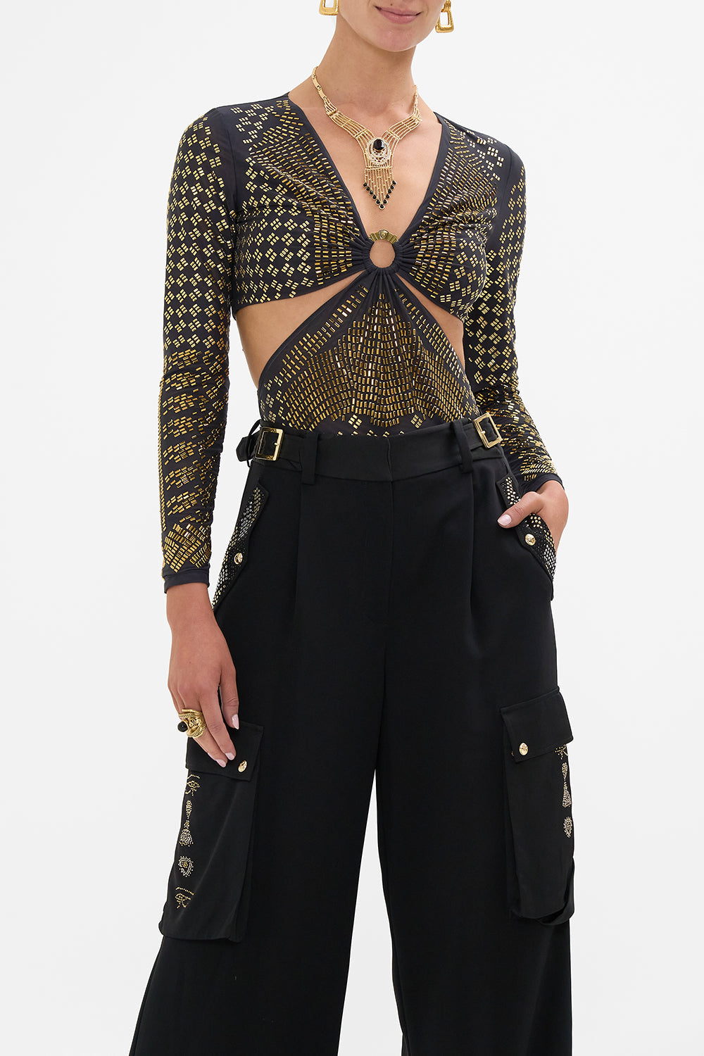 CAMILLA Black/Gold Mesh Cut-Out Bodysuit with Trim in They Called Her Nefertari print