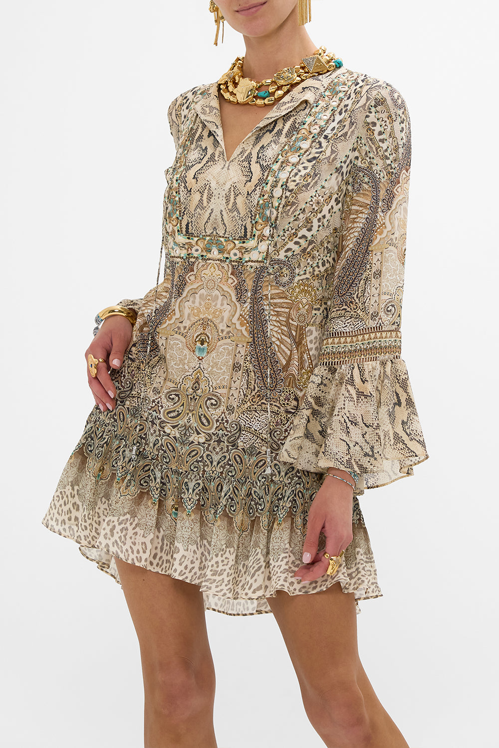 CAMILLA Frill Hem Long Sleeve Dress in The Throne Room print