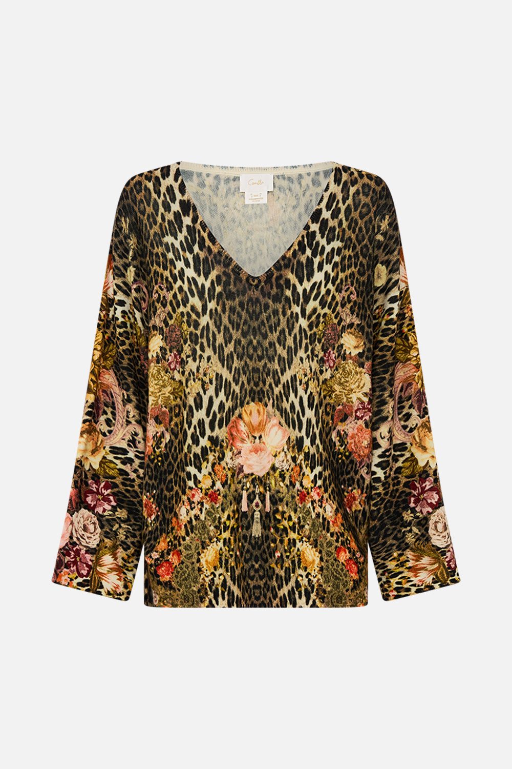 CAMILLA Leopard V-Neck Printed Dolman Sleeve Knit in Born in Bruges