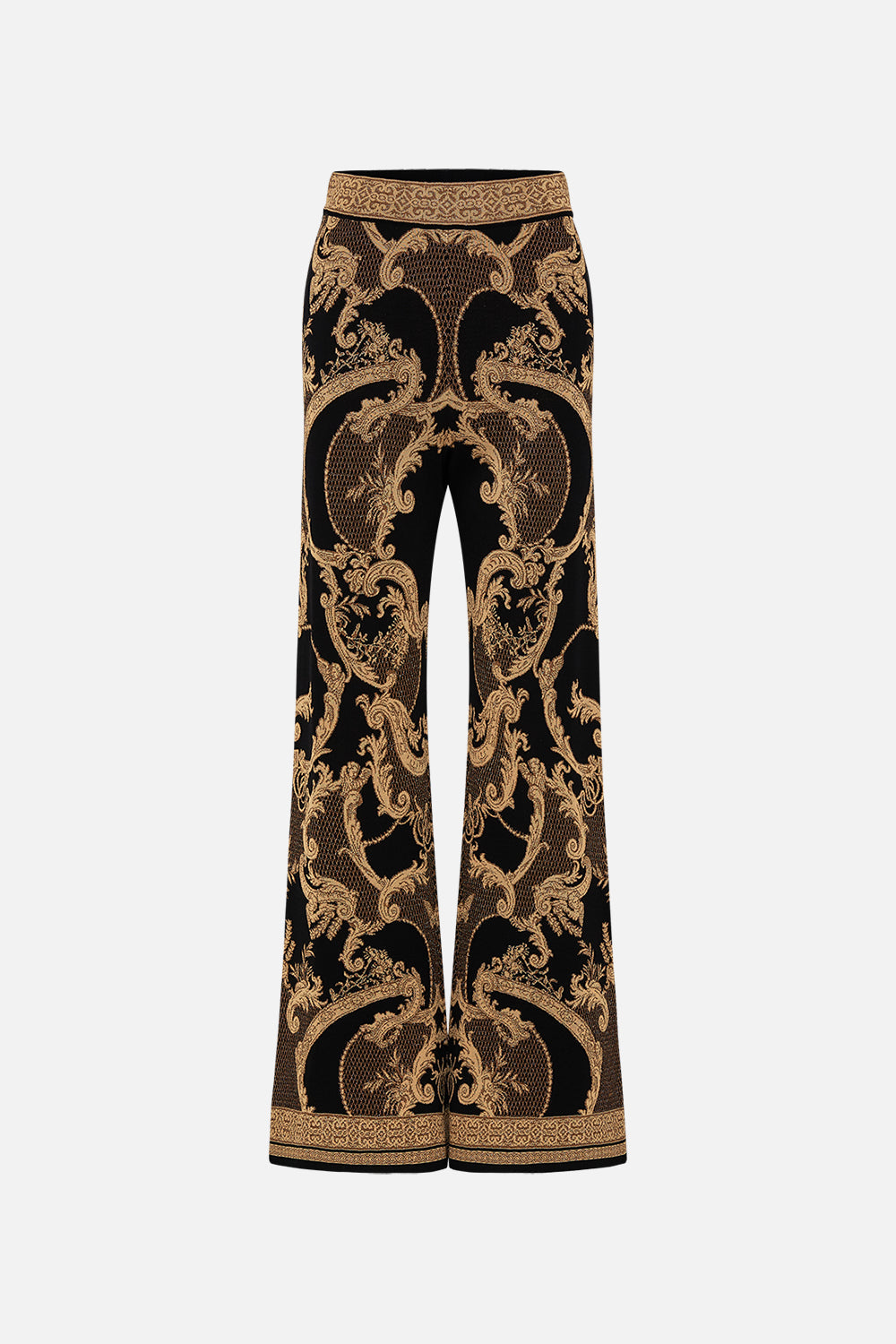 CAMILLA Black Flared Jacquard Knit Pant in Magic in the Manuscripts print