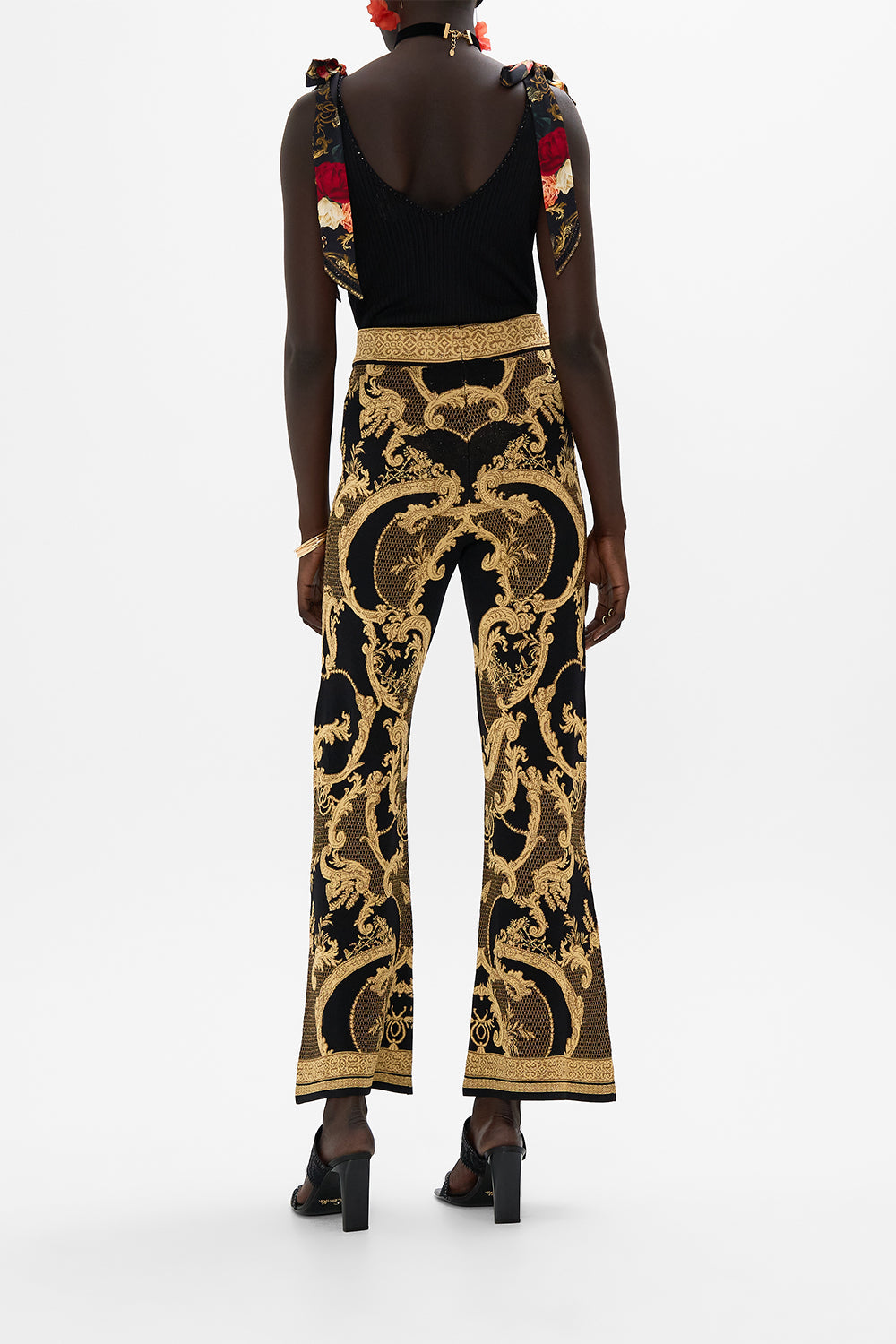 CAMILLA Black Flared Jacquard Knit Pant in Magic in the Manuscripts print