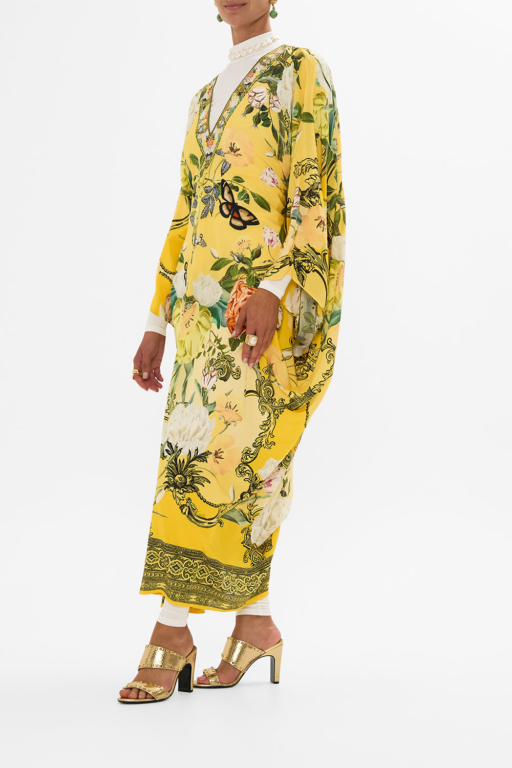 CAMILLA yellow T Shape Long Kaftan in Paths of Gold