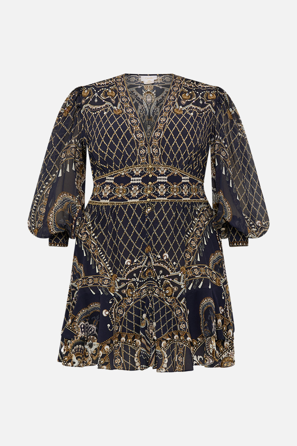 CAMILLA black button frill dress in Dance With The Duke print