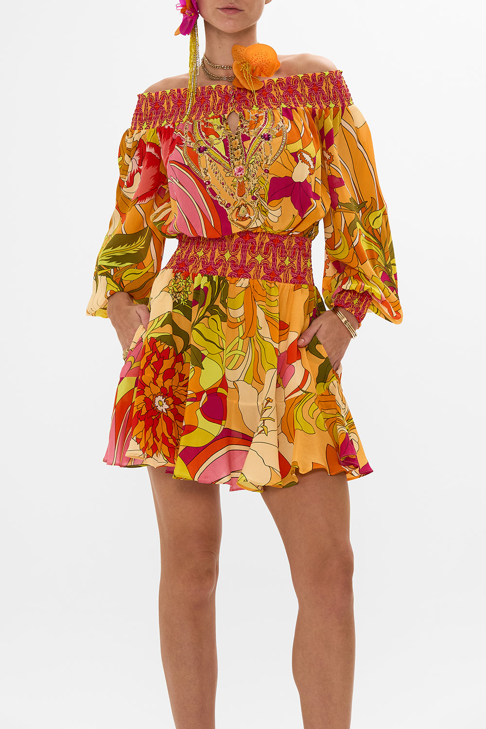 CAMILLA Floral Off Shoulder Short Dress in The Flower Child Society print