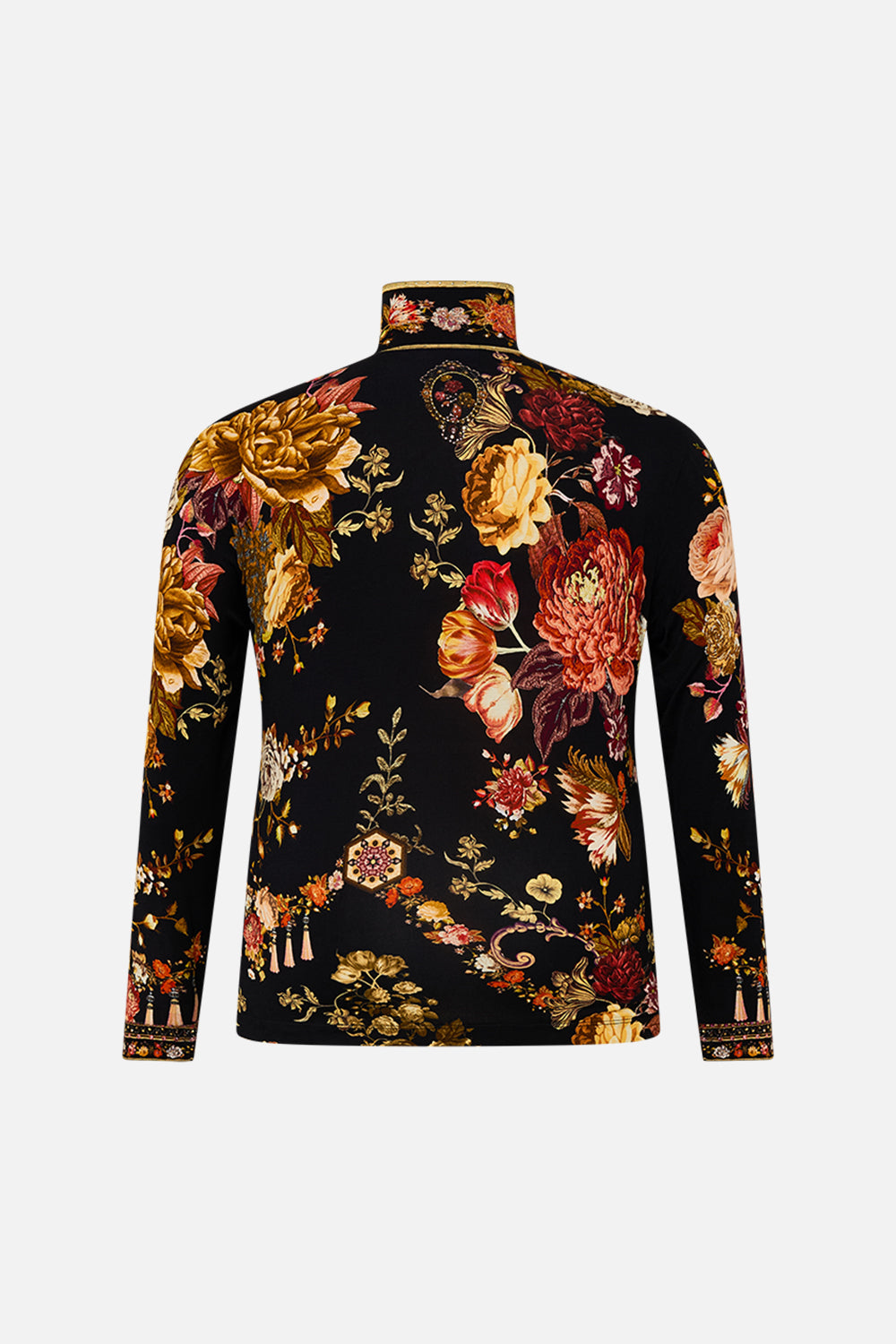 CAMILLA floral jersey turtleneck in Stitched In Time print.