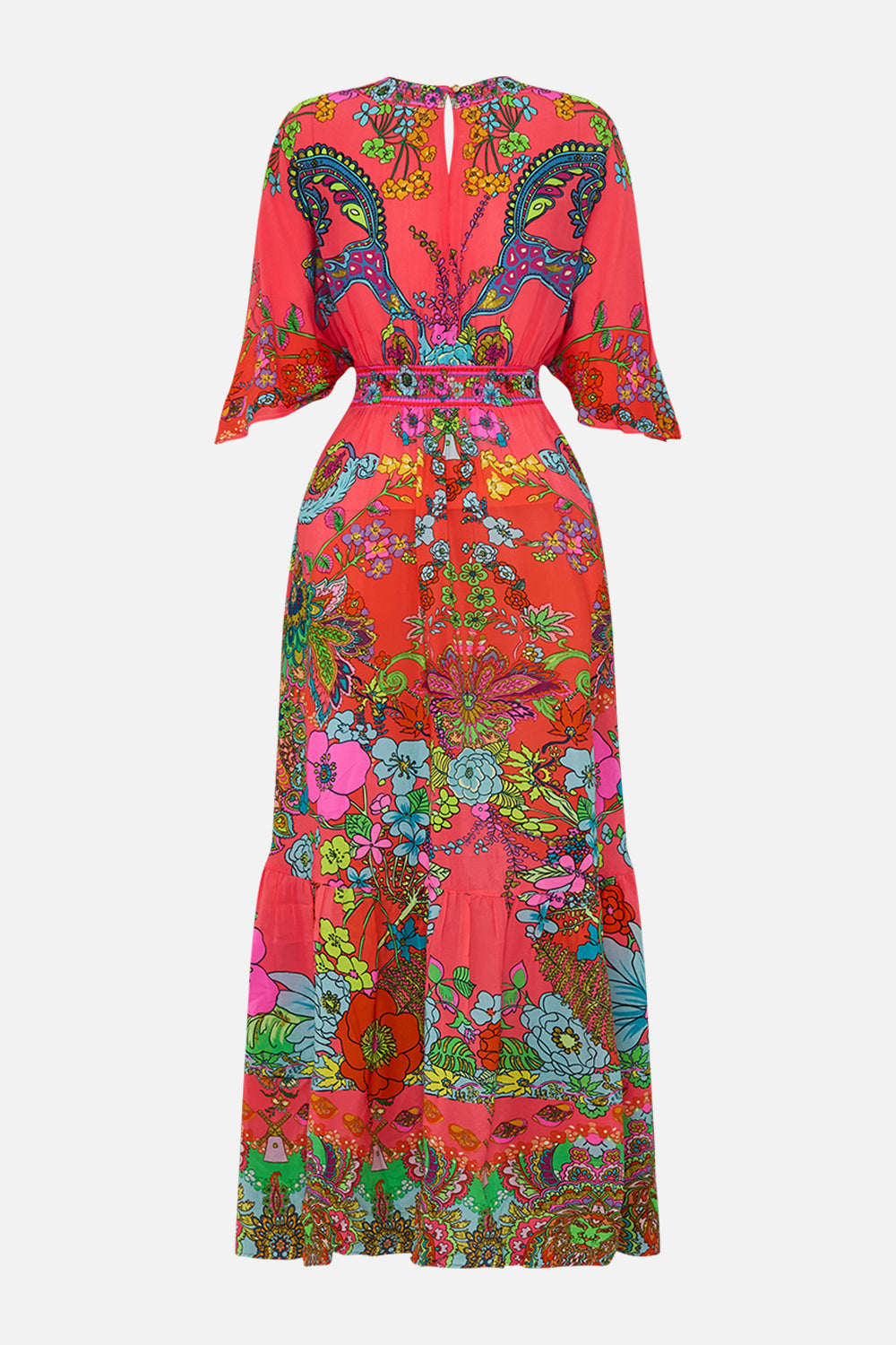 CAMILLA Pink Waisted Dress with Hem Ruffle in Windmills and Wildflowers