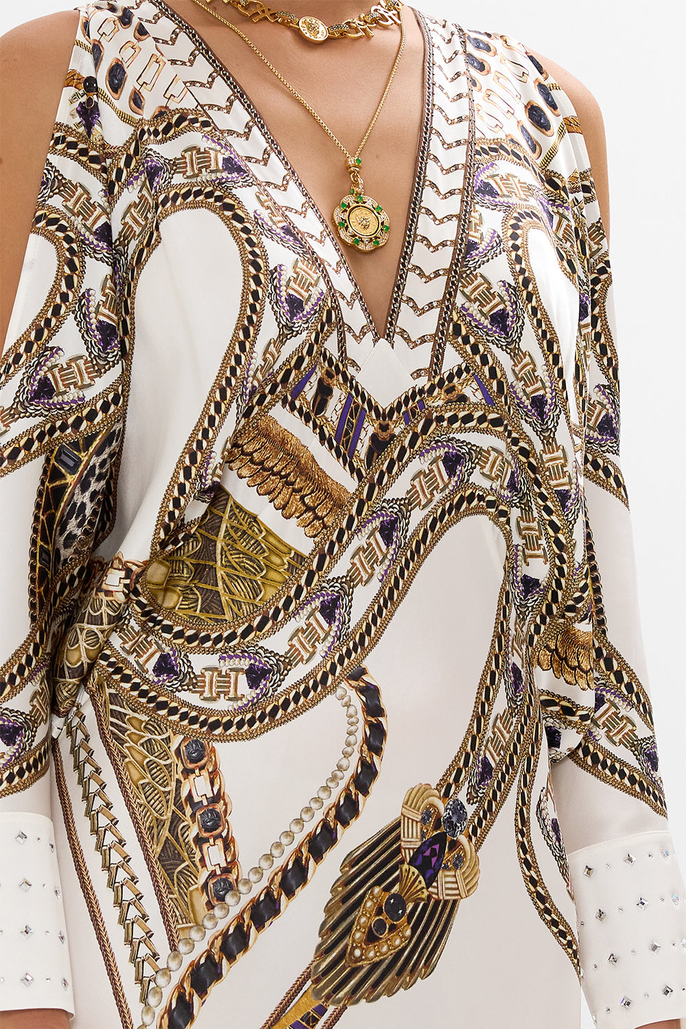 PLUNGE NECK DRAPED SHOULDER DRESS GODDESS ENERGY