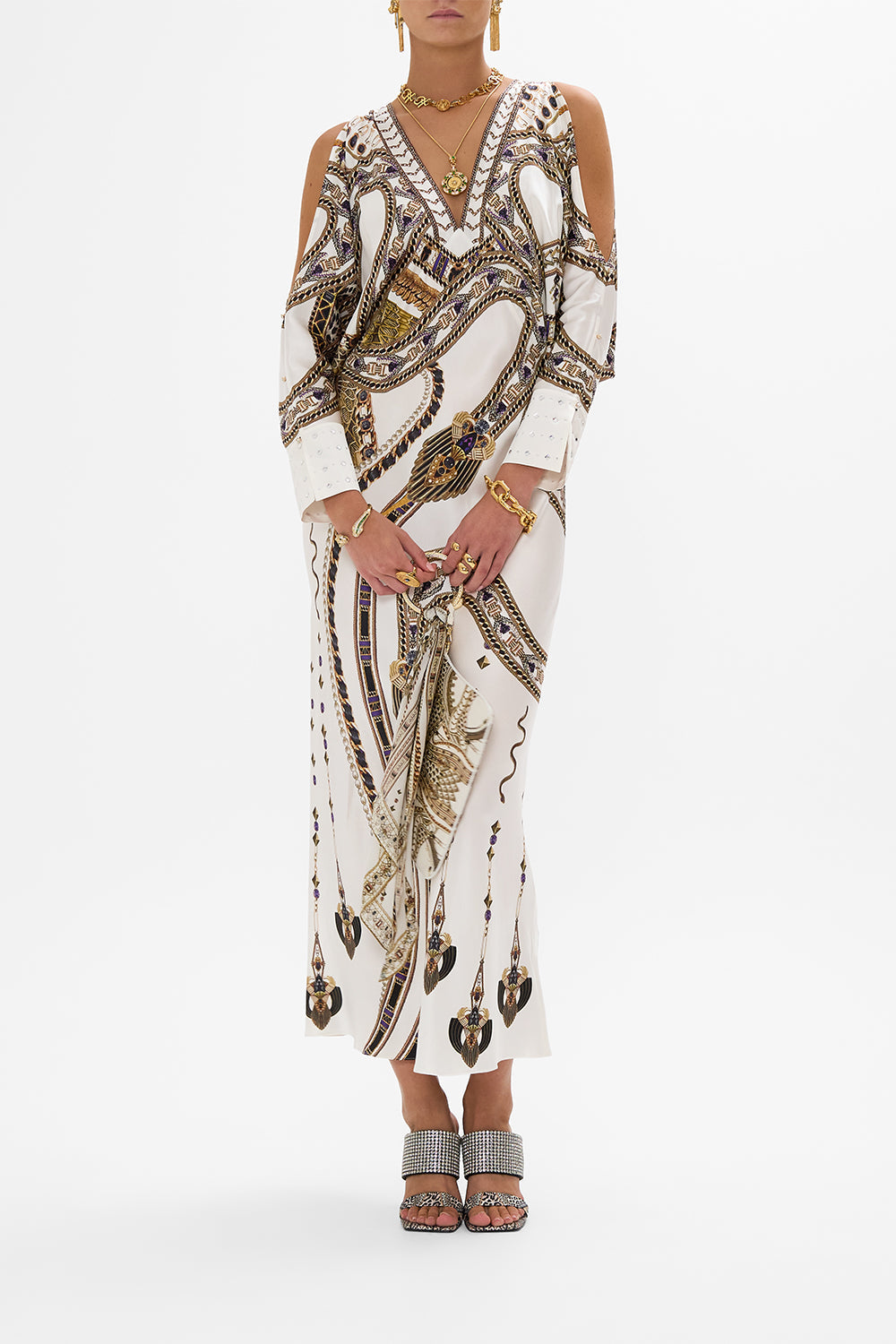 PLUNGE NECK DRAPED SHOULDER DRESS GODDESS ENERGY