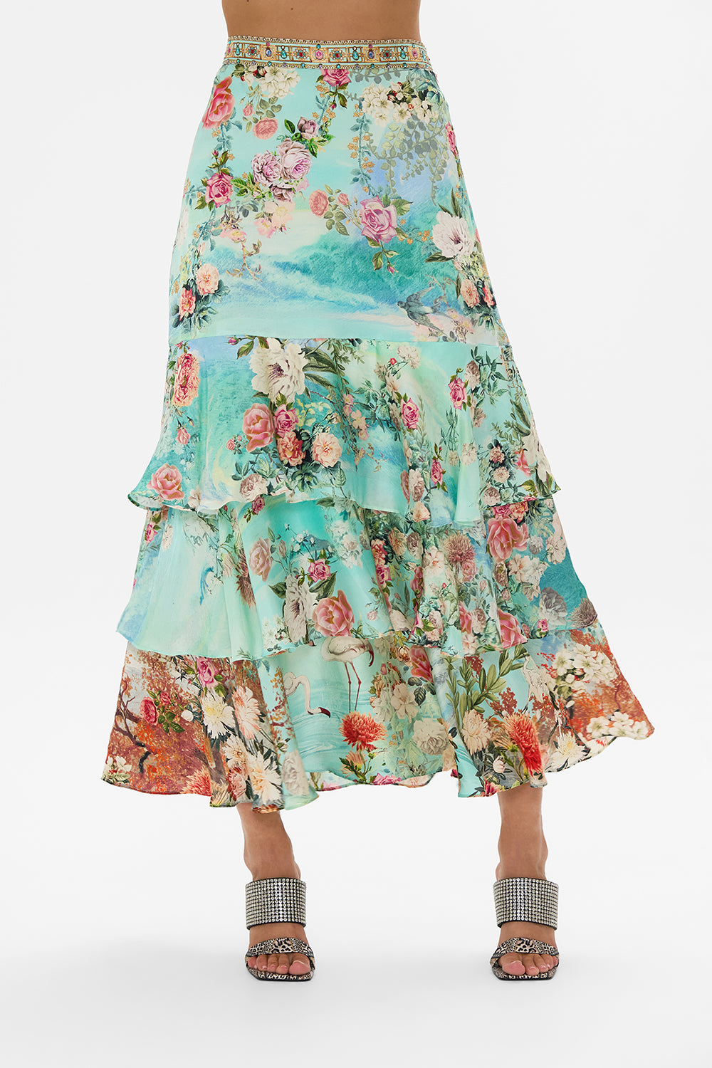 CAMILLA Tiered ruffle skirt in The jewellery museum print.