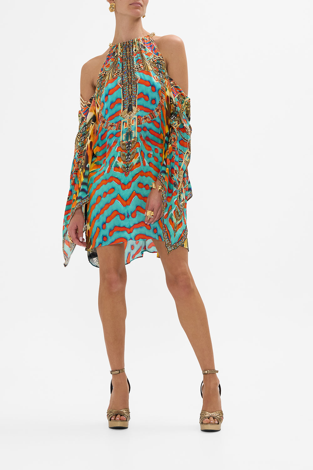 CAMILLA Flared Sleeve Cold Shoulder Short Kaftan in Desert Visions print.