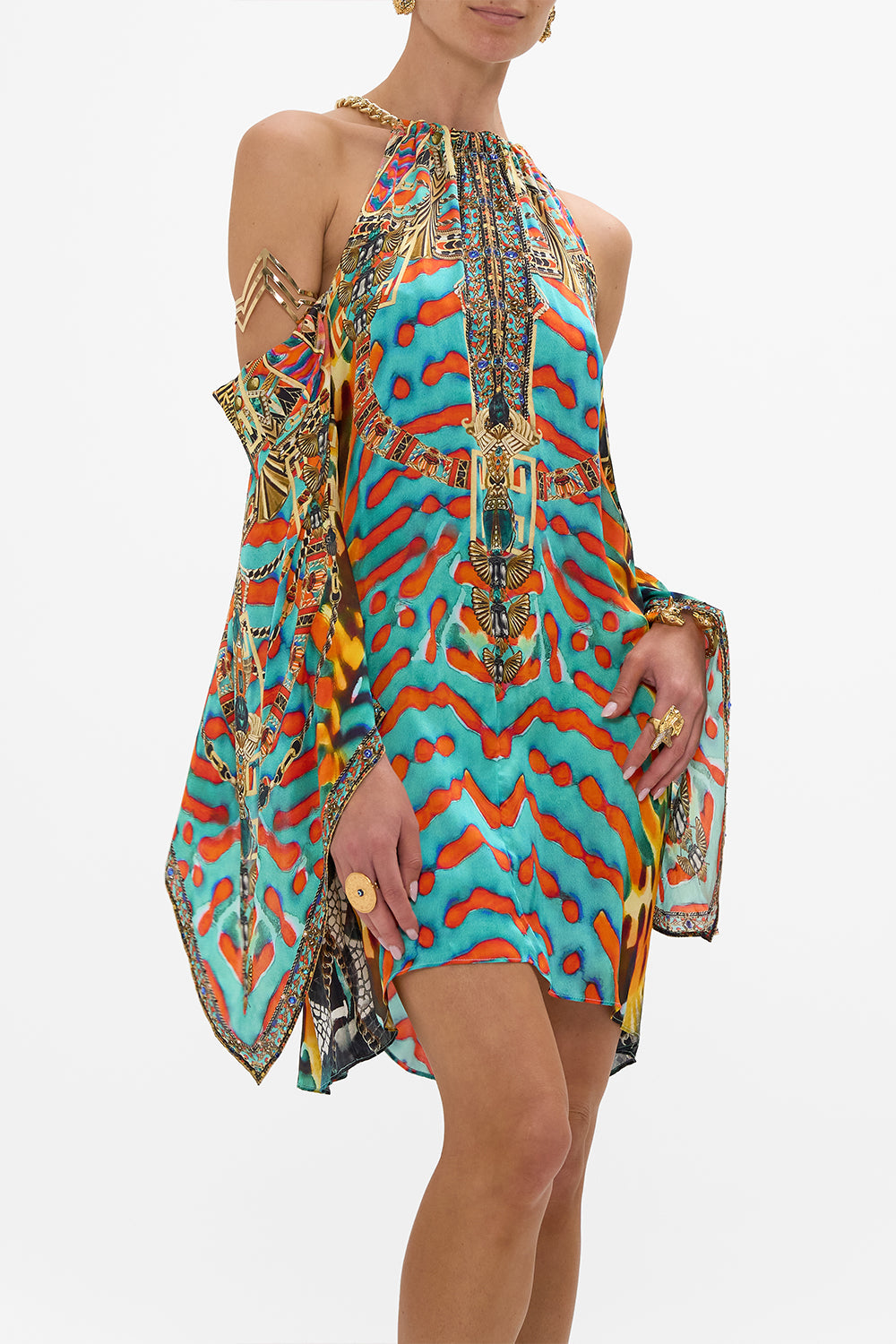 CAMILLA Flared Sleeve Cold Shoulder Short Kaftan in Desert Visions print.