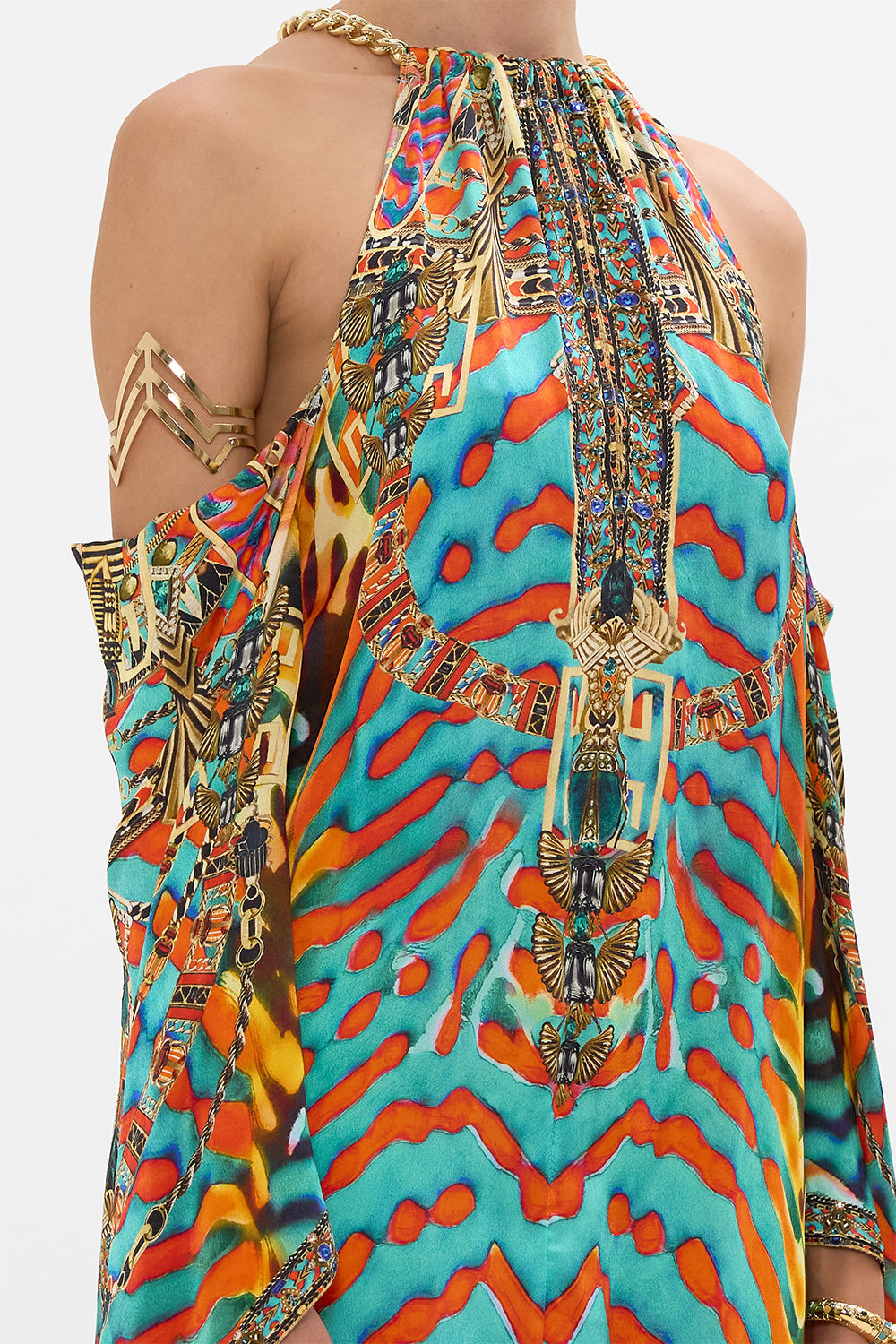 CAMILLA Flared Sleeve Cold Shoulder Short Kaftan in Desert Visions print.
