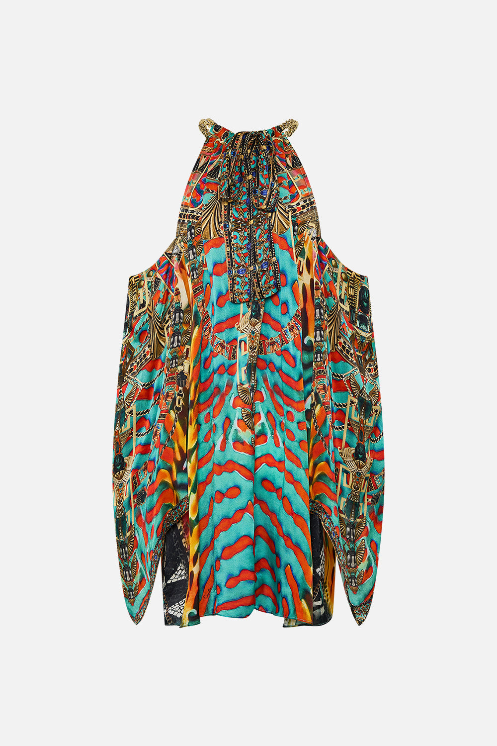 CAMILLA Flared Sleeve Cold Shoulder Short Kaftan in Desert Visions print.