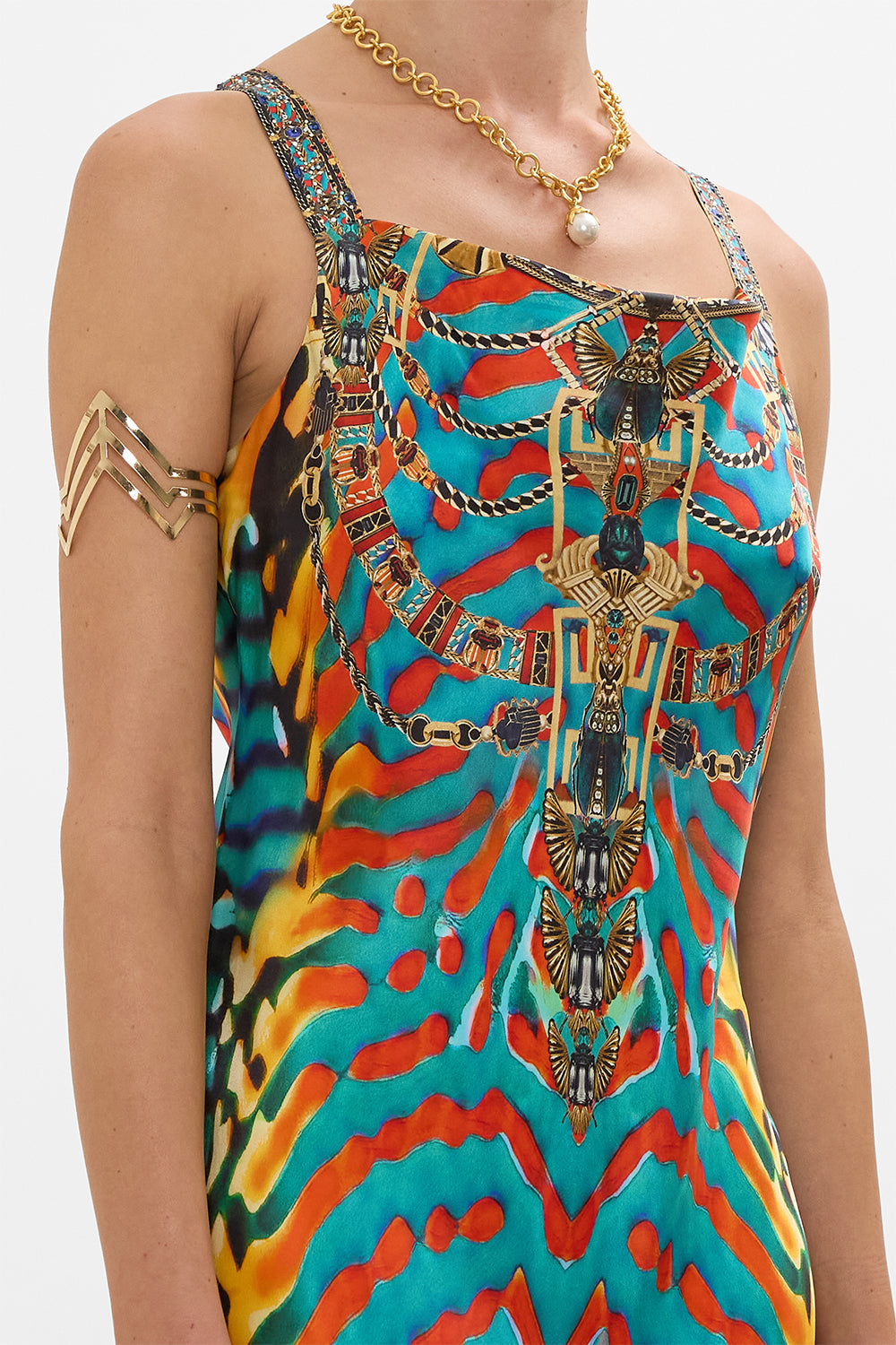 CAMILLA Short bias Slip Dress with Wide Strap in Desert Visions print.