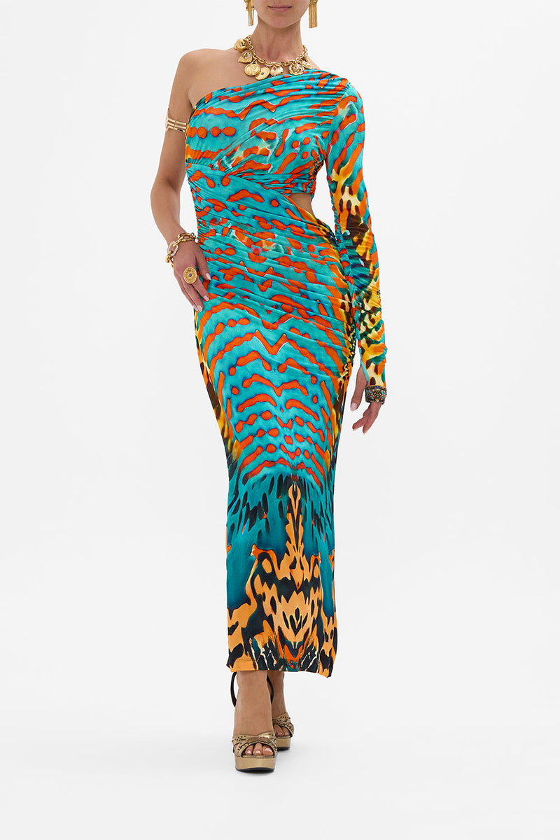 ONE SHOULDER JERSEY CUT OUT DRESS JUNGLE FLIGHT