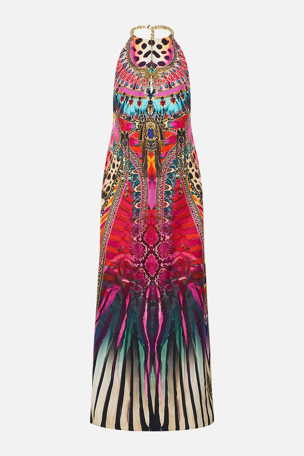 CAMILLA Low Back Long Dress with Neck Hardware in Sahara Supernatural print.