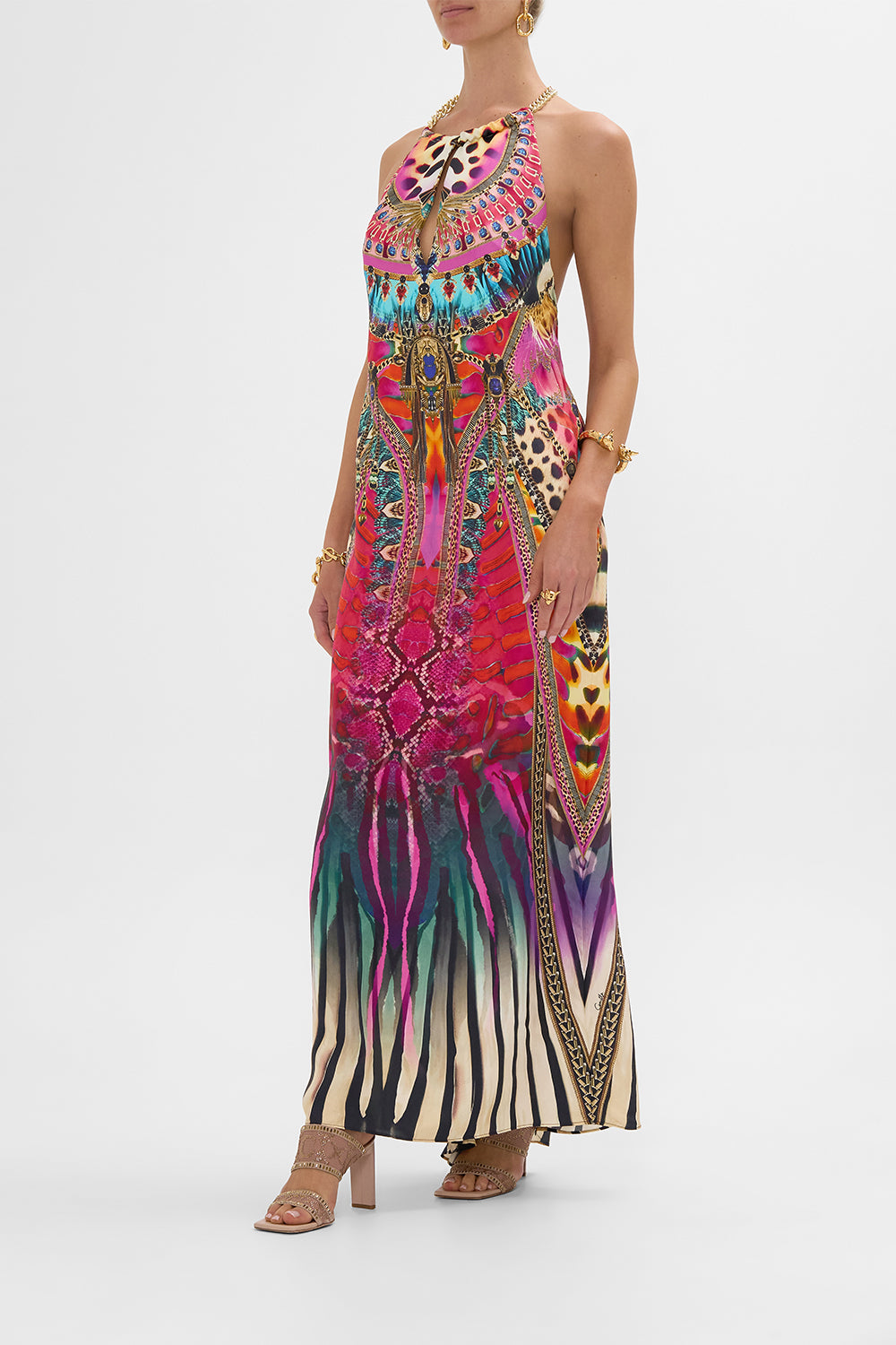 CAMILLA Low Back Long Dress with Neck Hardware in Sahara Supernatural print.
