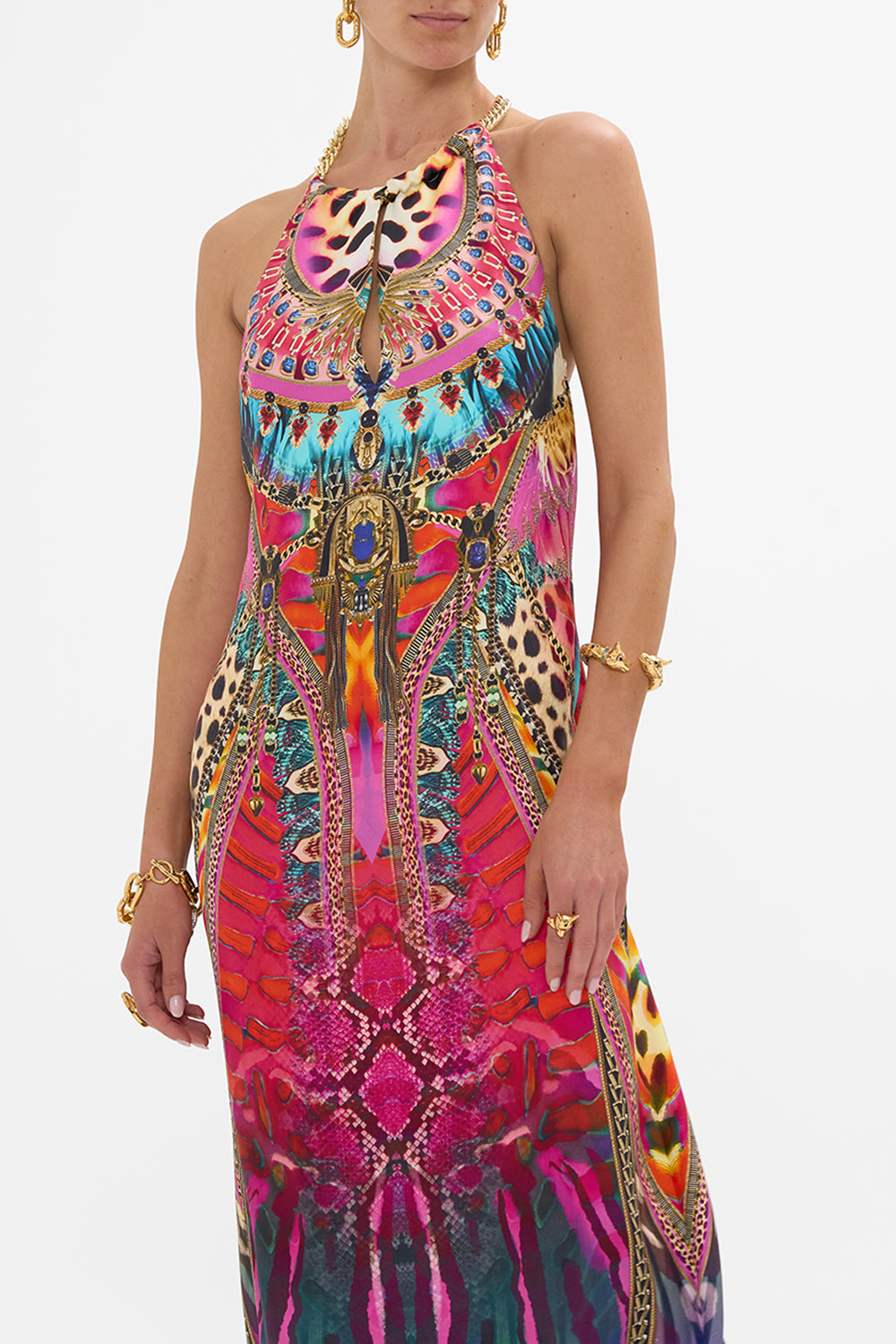 CAMILLA Low Back Long Dress with Neck Hardware in Sahara Supernatural print.