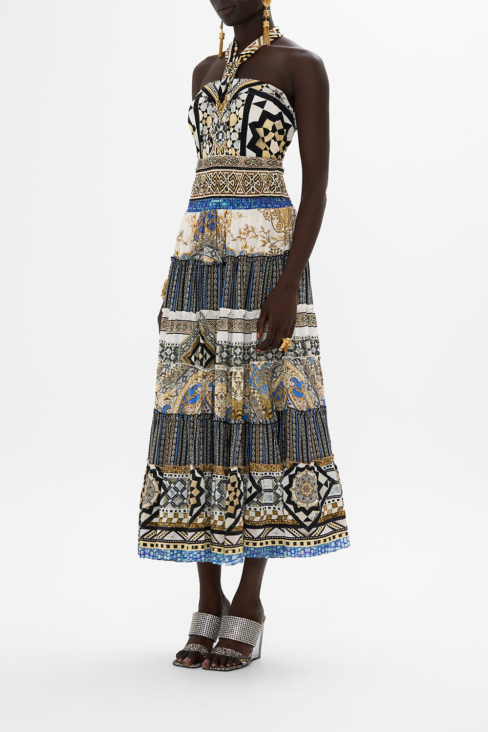 CAMILLA Shirred Waist Tiered Circle Skirt in Make Me Your Mosaic Print.