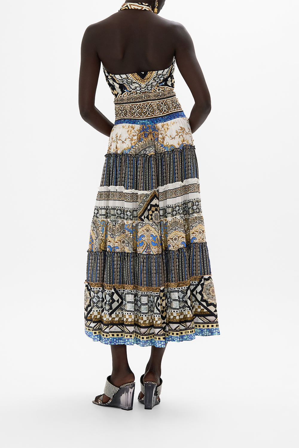 CAMILLA Shirred Waist Tiered Circle Skirt in Make Me Your Mosaic Print.