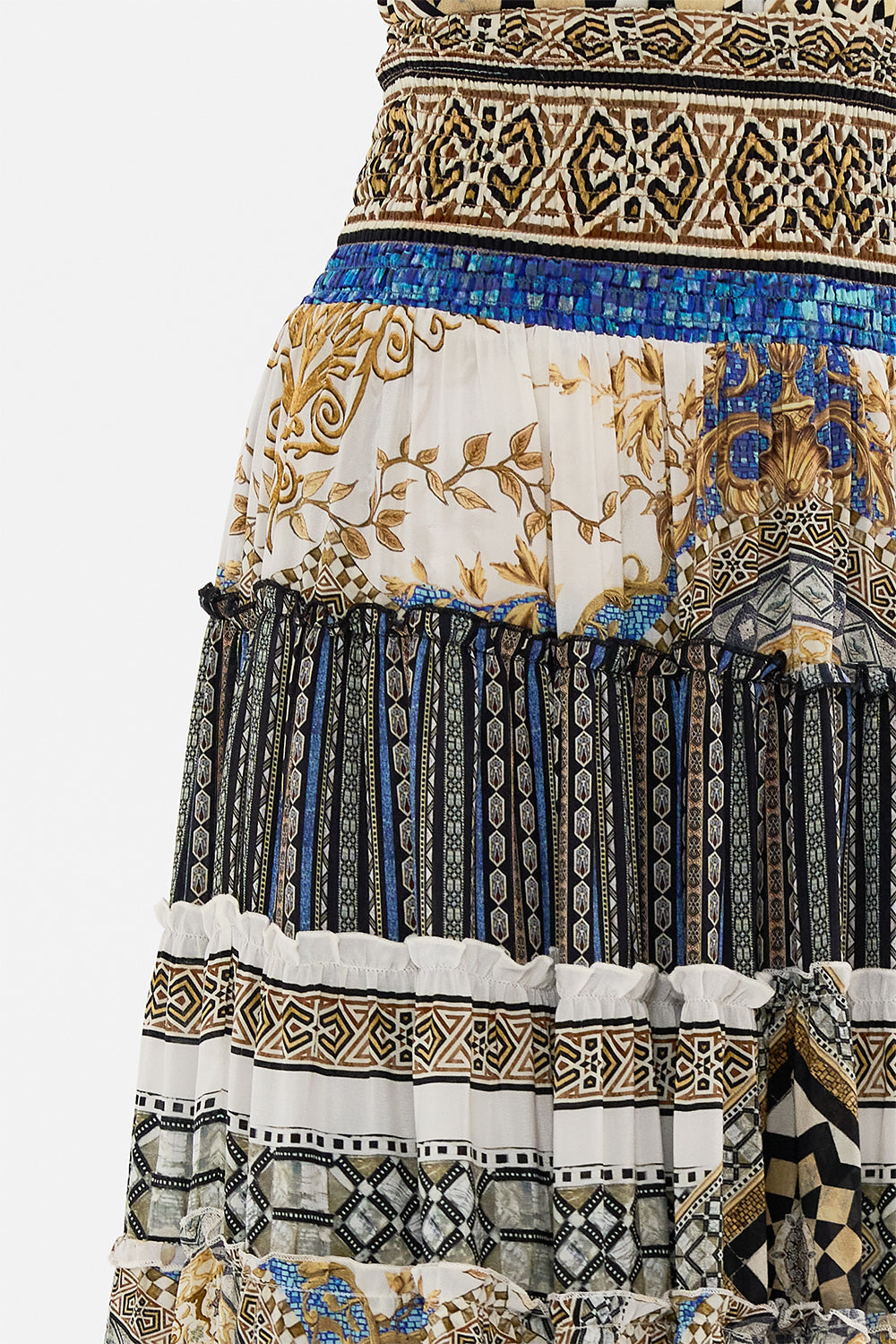 CAMILLA Shirred Waist Tiered Circle Skirt in Make Me Your Mosaic Print.