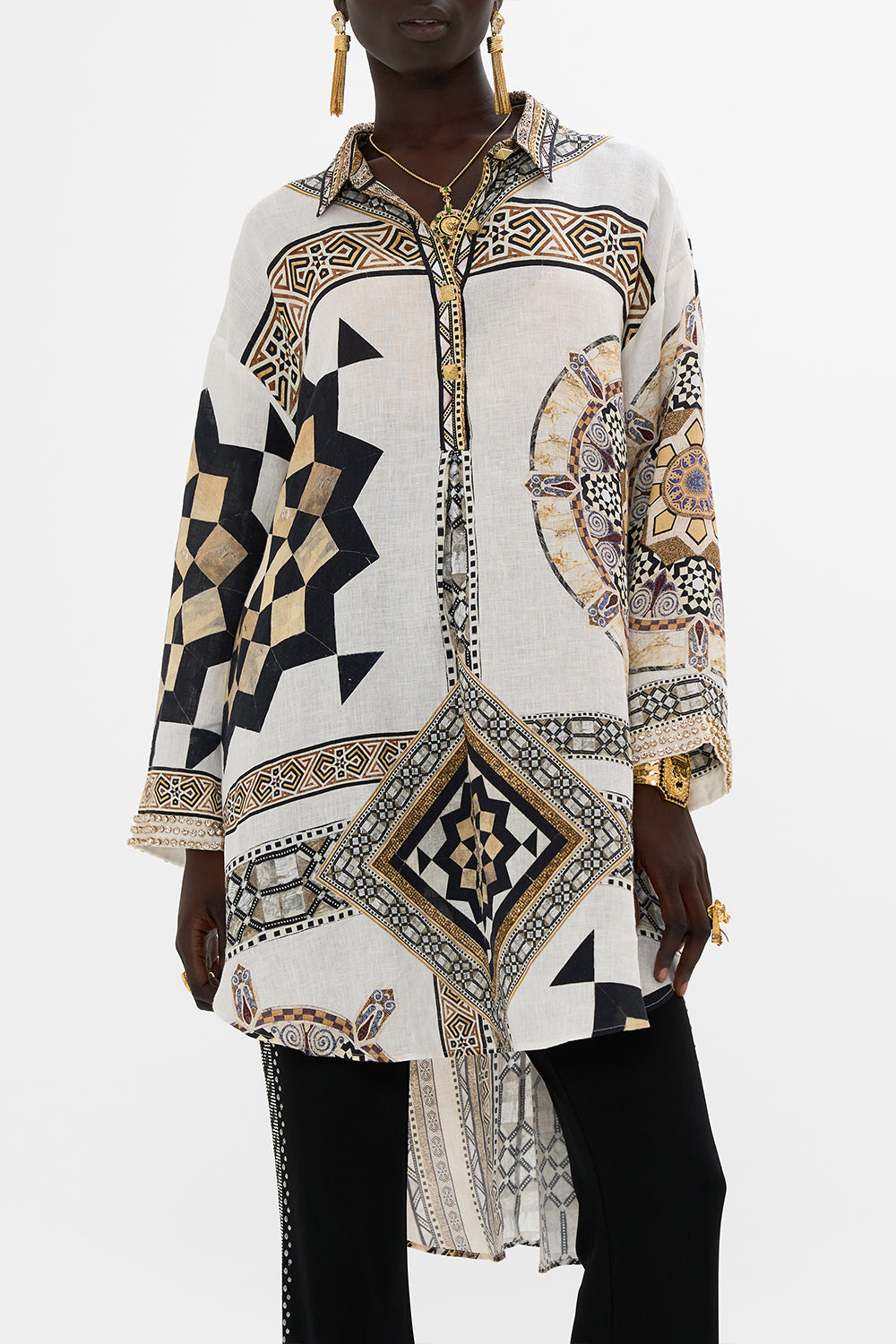 CAMILLA Relaxed High Low Shirt Dress in Tile Style Print.