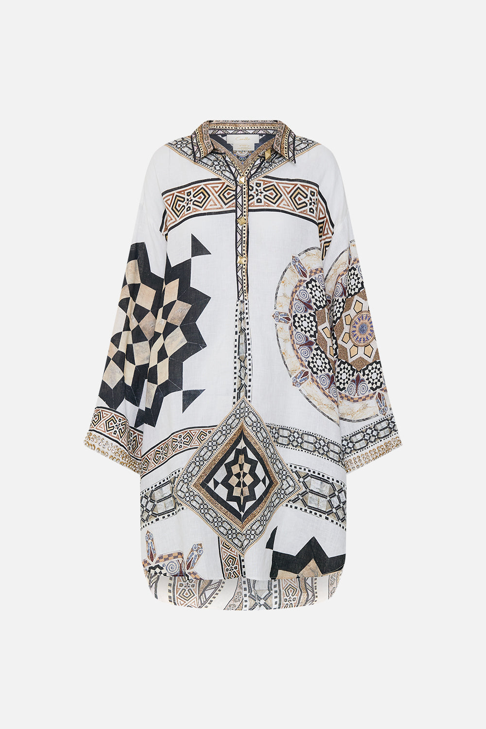 CAMILLA Relaxed High Low Shirt Dress in Tile Style Print.