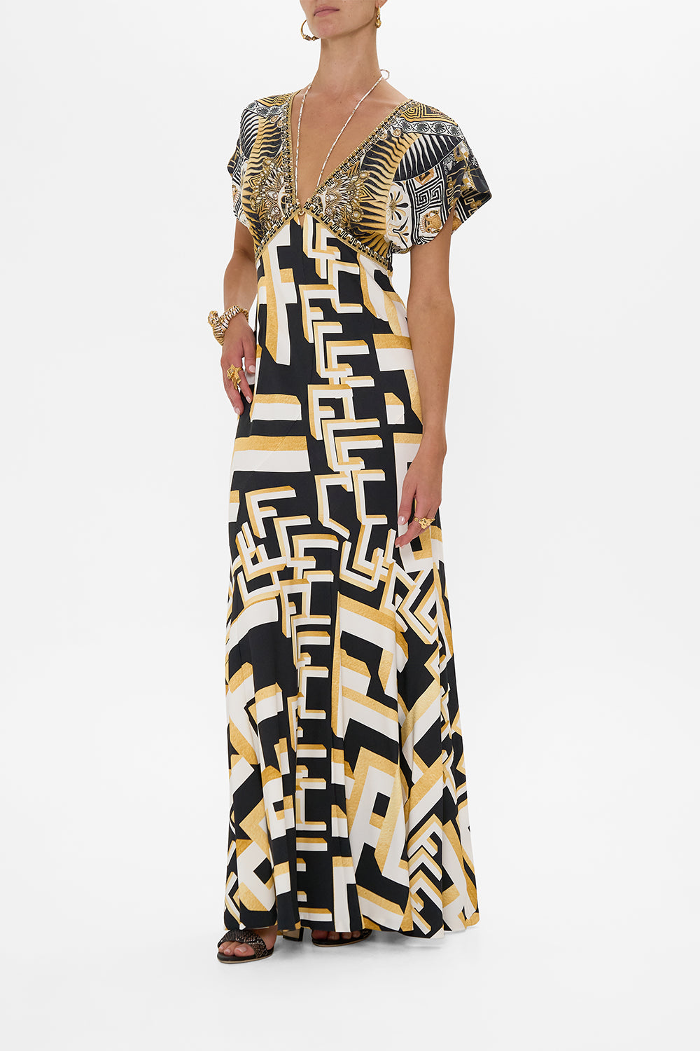 V NECK HARDWARE DRESS WITH NECK TIE TEMPLES OF DENDARA