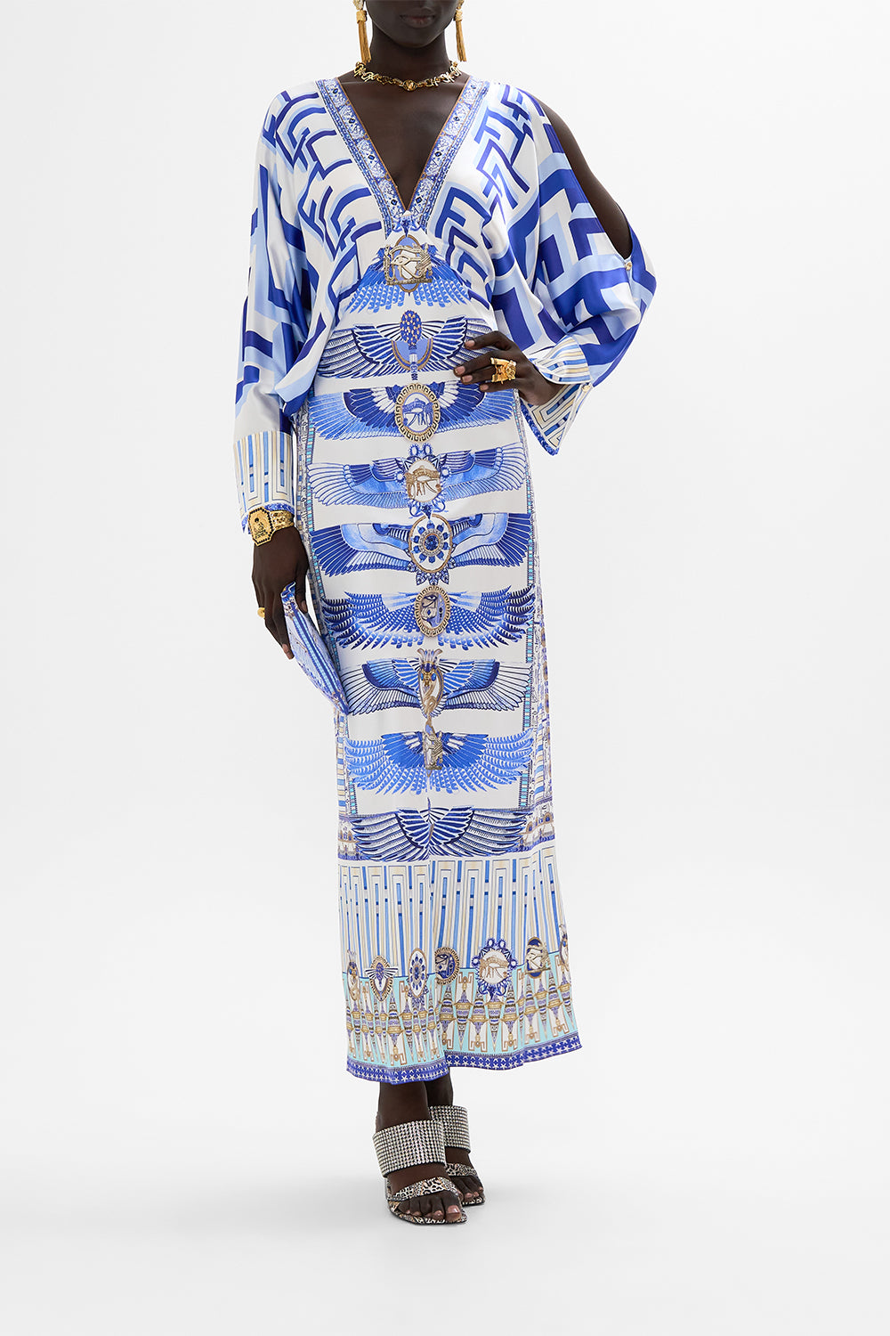 PLUNGE NECK DRAPED SHOULDER DRESS DANCING WITH DAYLIGHT