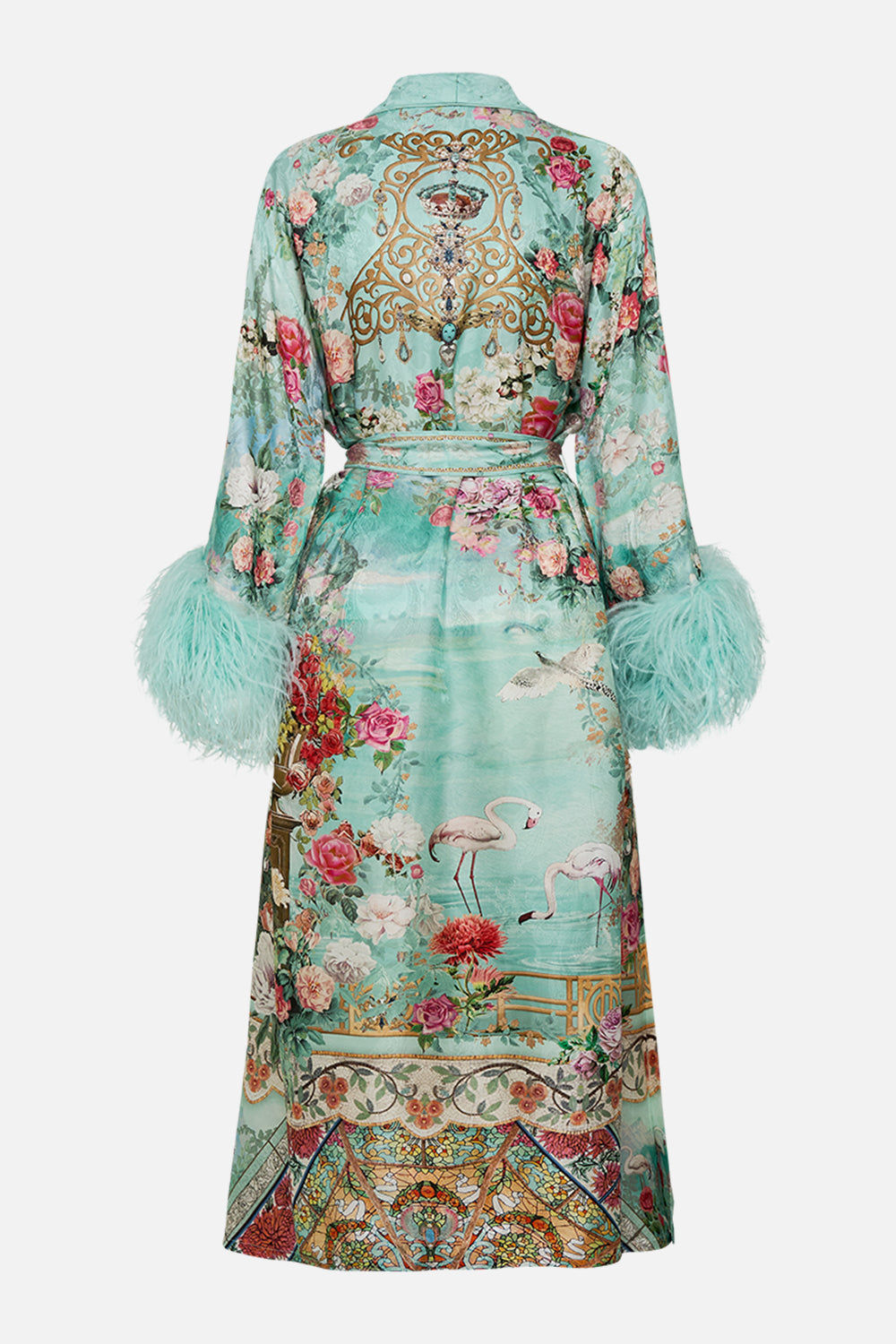 CAMILLA Long robe with flared sleeve in The jewellery museum print.