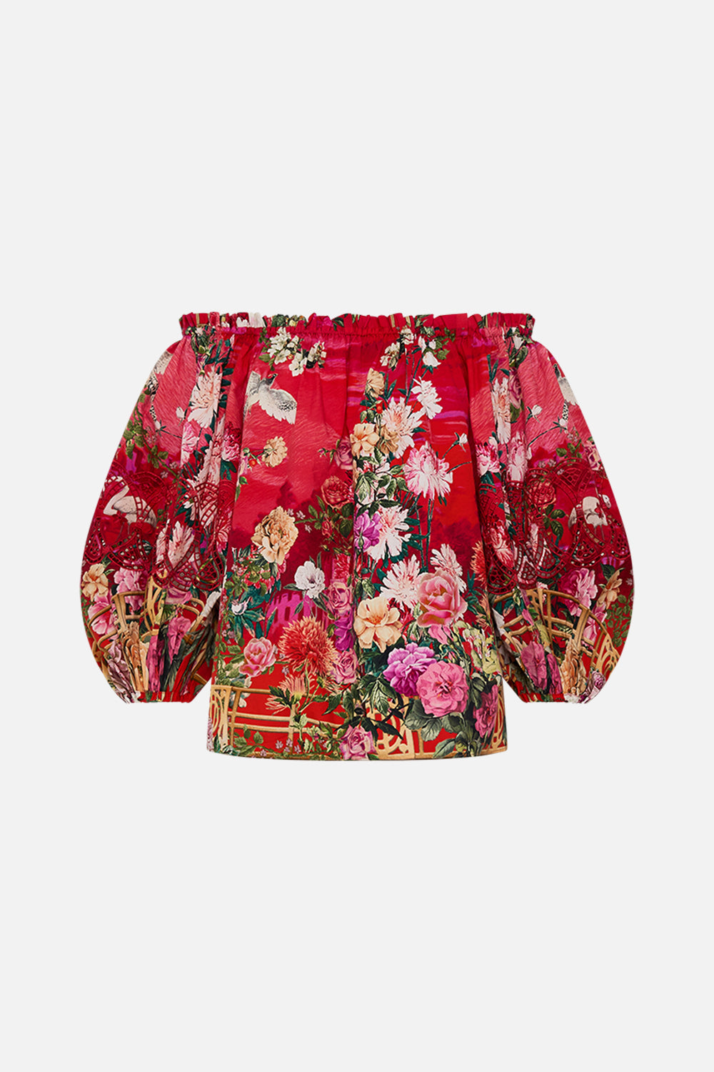 CAMILLA Frill off shoulder top in Sweet home Alexandria print.